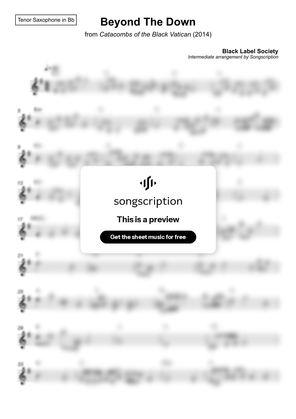 Intermediate Tenor Sax Sheet Music for "Beyond The Down" by Black Label Society