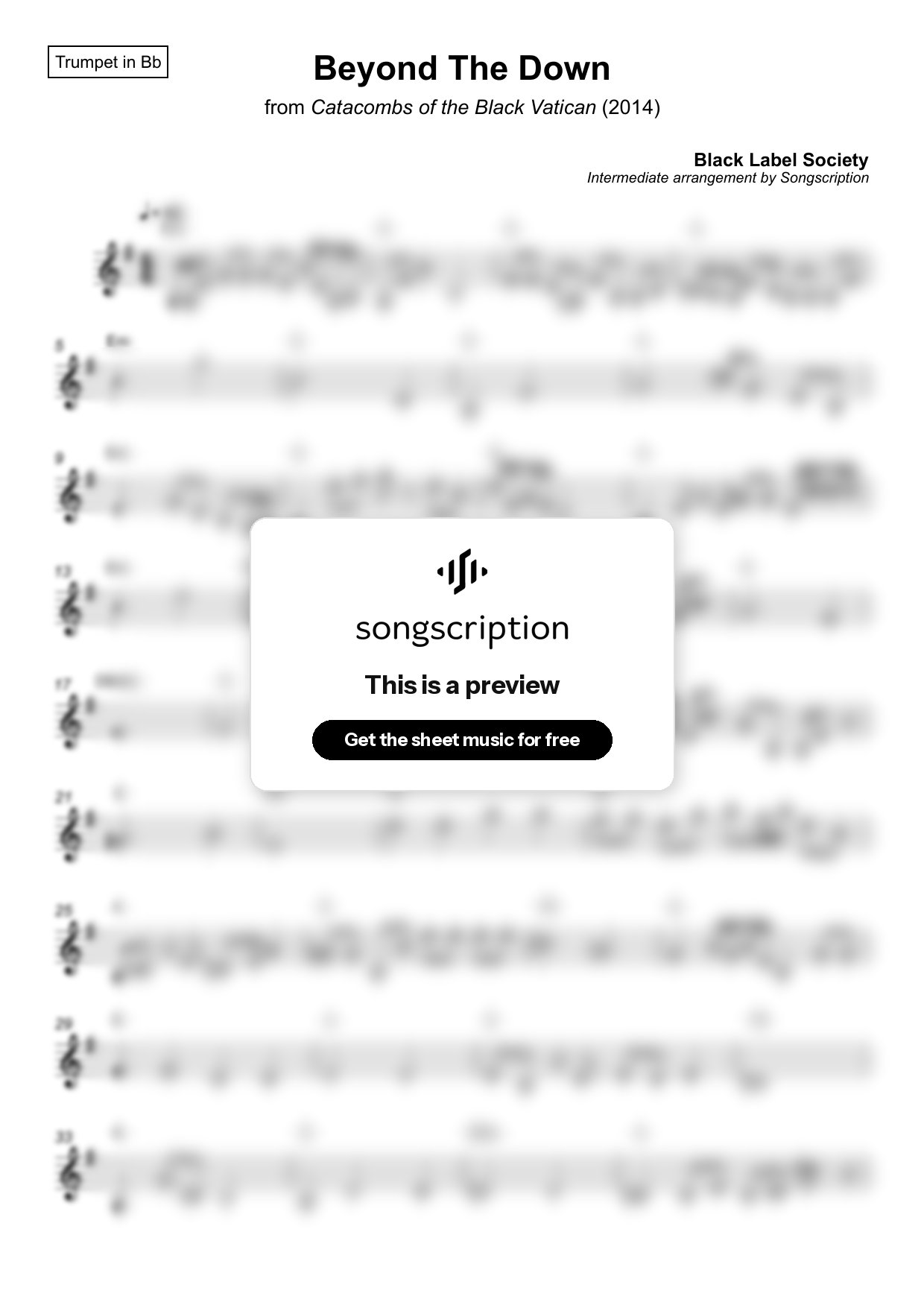 Intermediate Trumpet Sheet Music for "Beyond The Down" by Black Label Society