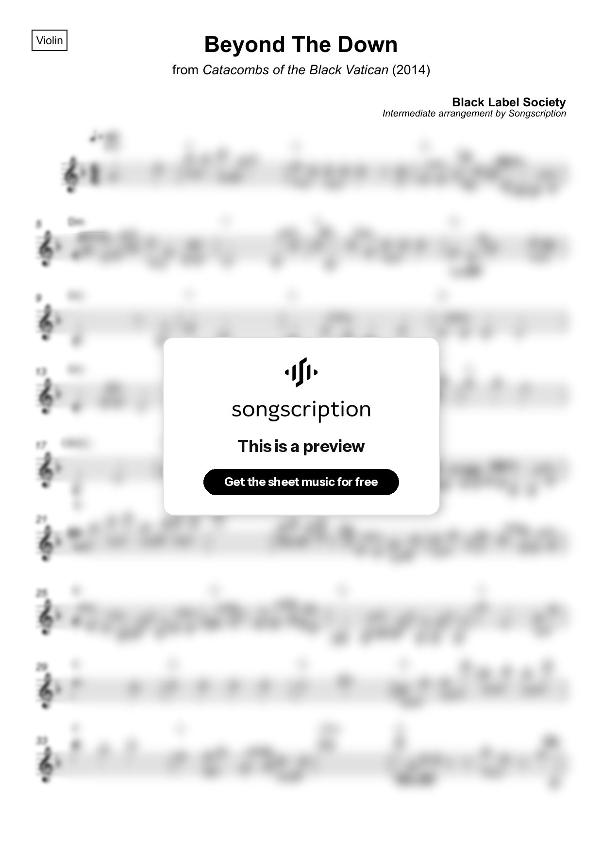 Intermediate Violin Sheet Music for "Beyond The Down" by Black Label Society
