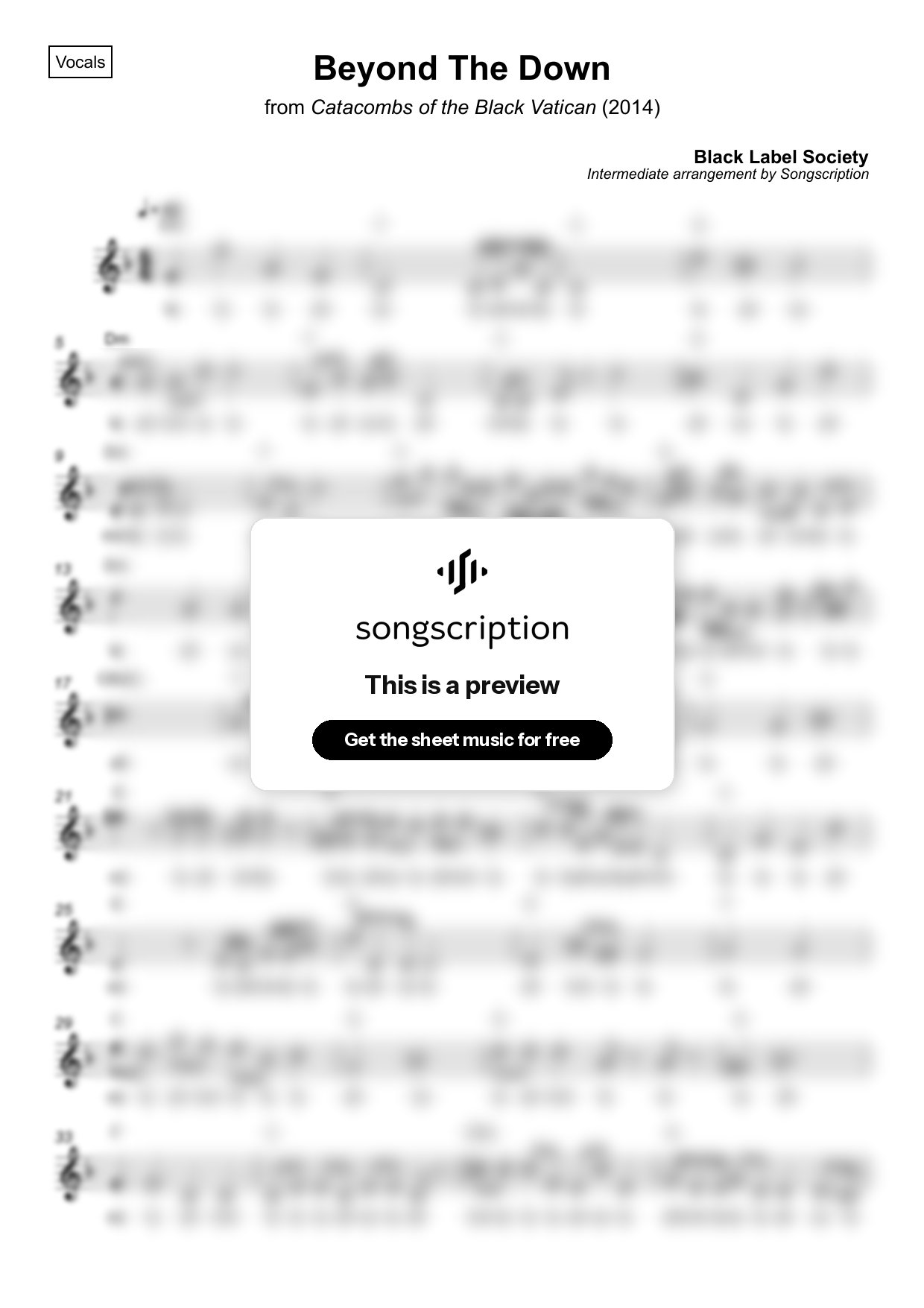 Intermediate Vocals Sheet Music for "Beyond The Down" by Black Label Society