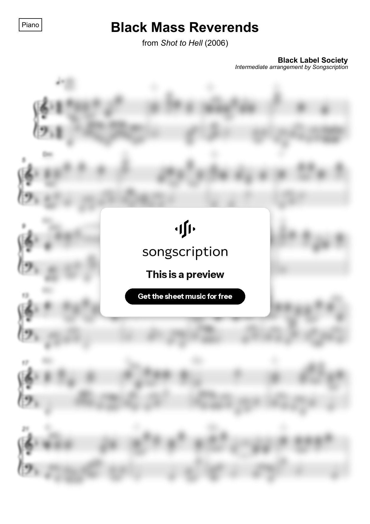 Intermediate Piano Sheet Music for "Black Mass Reverends" by Black Label Society
