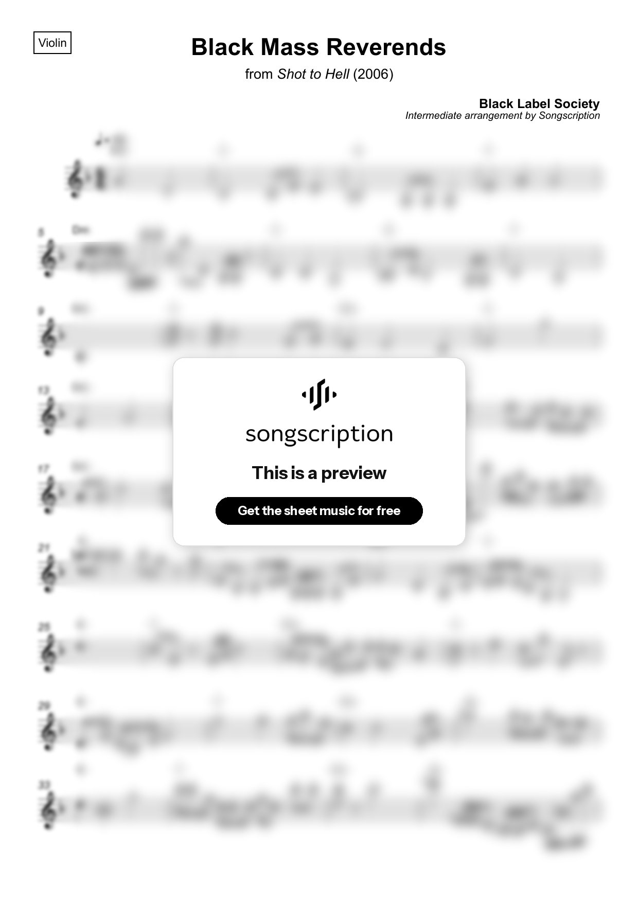Intermediate Violin Sheet Music for "Black Mass Reverends" by Black Label Society