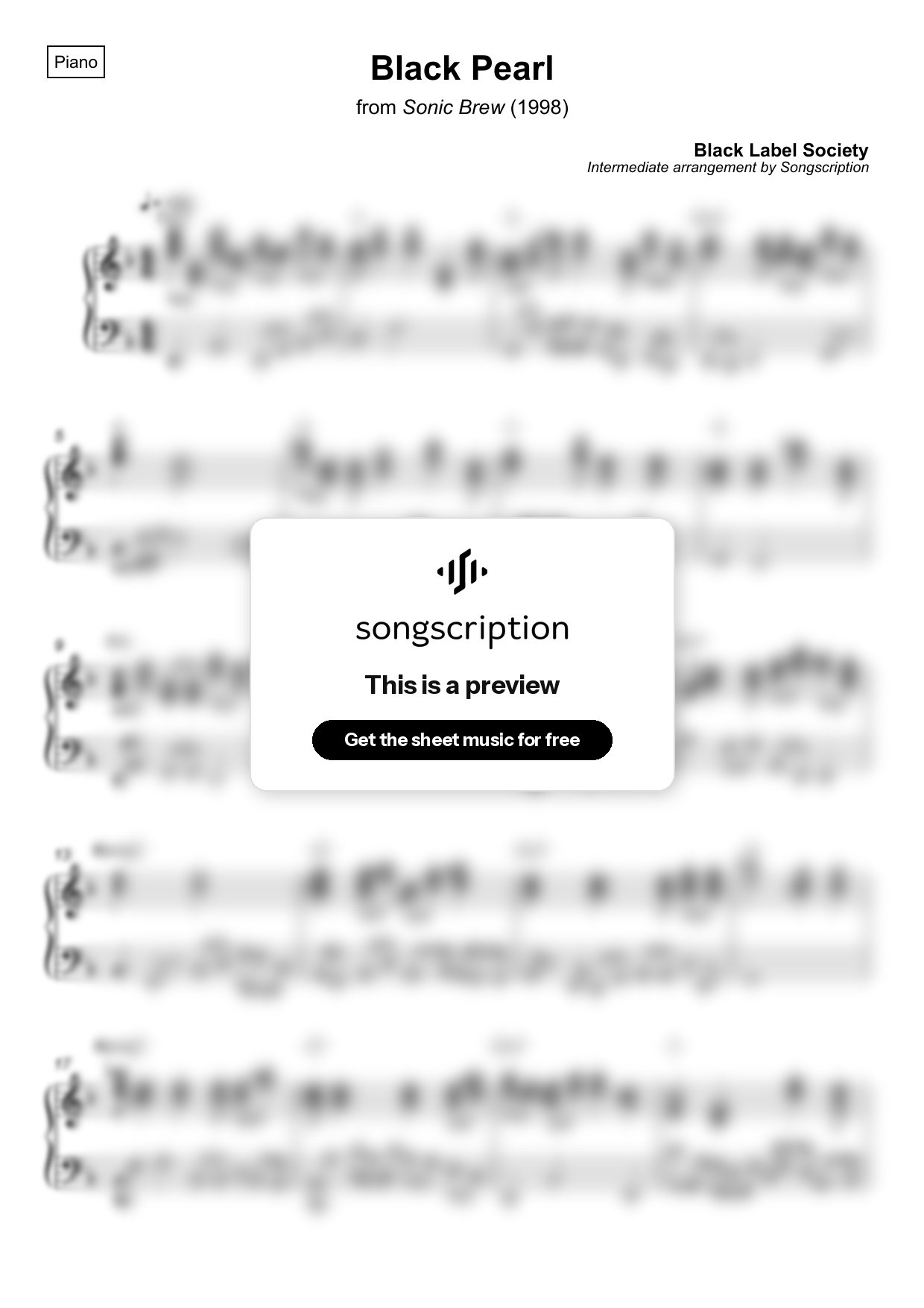 Intermediate Piano Sheet Music for "Black Pearl" by Black Label Society