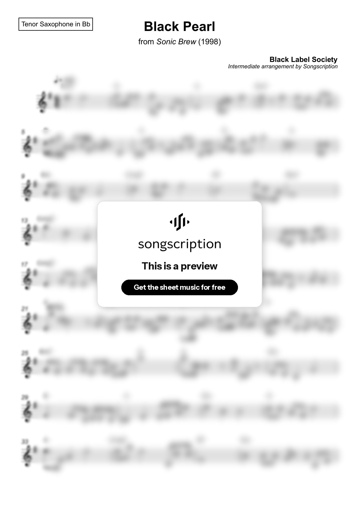 Intermediate Tenor Sax Sheet Music for "Black Pearl" by Black Label Society