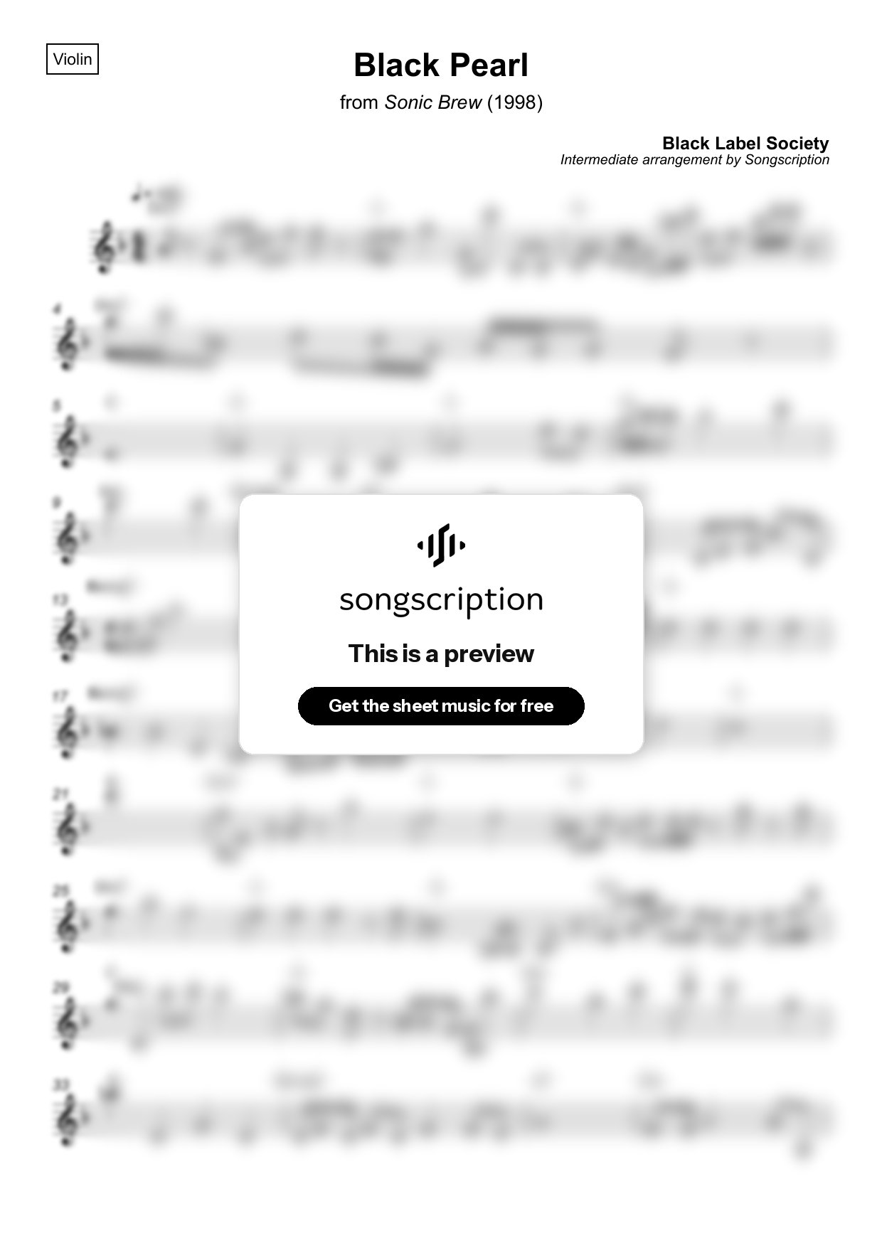Intermediate Violin Sheet Music for "Black Pearl" by Black Label Society