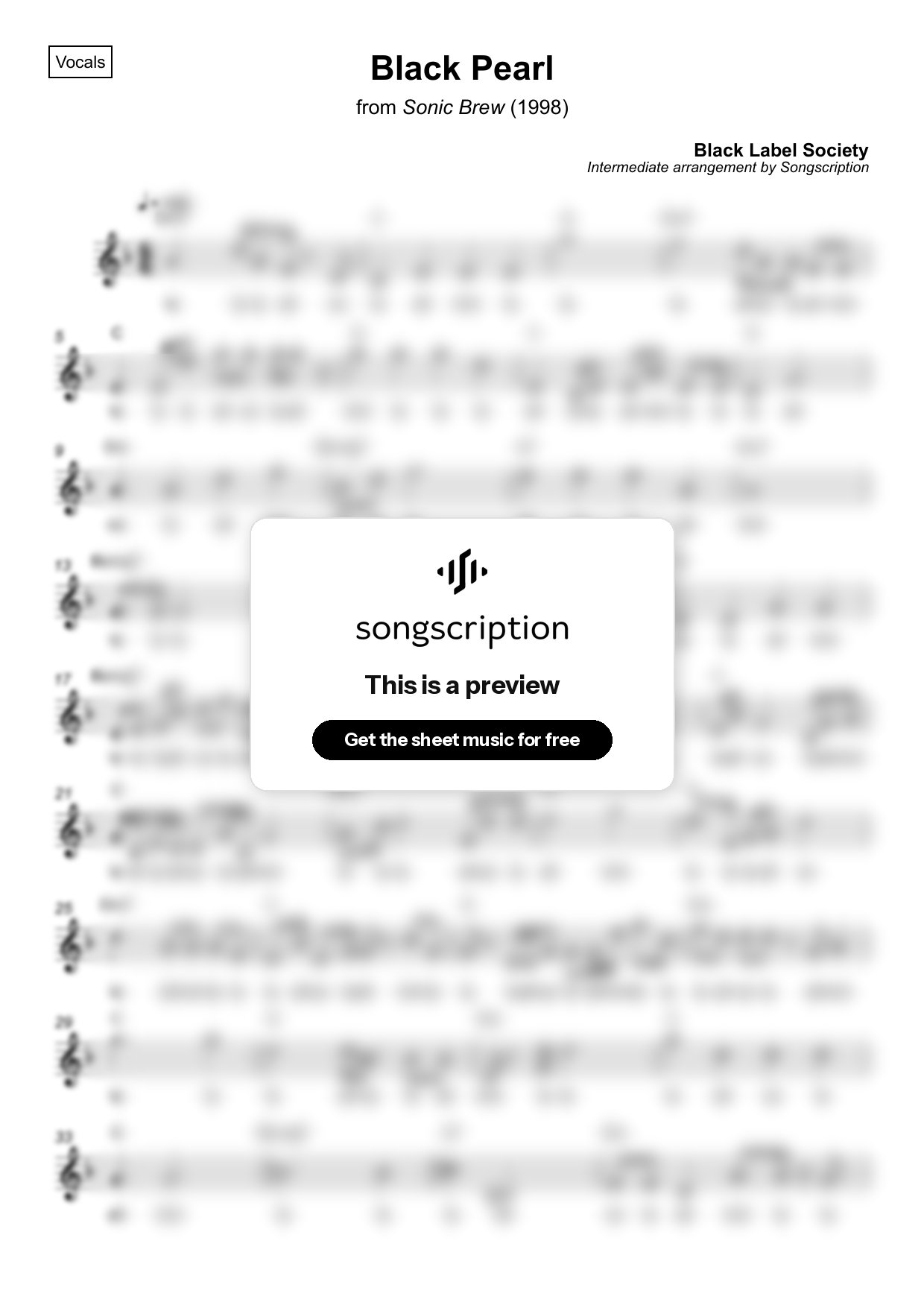 Intermediate Vocals Sheet Music for "Black Pearl" by Black Label Society