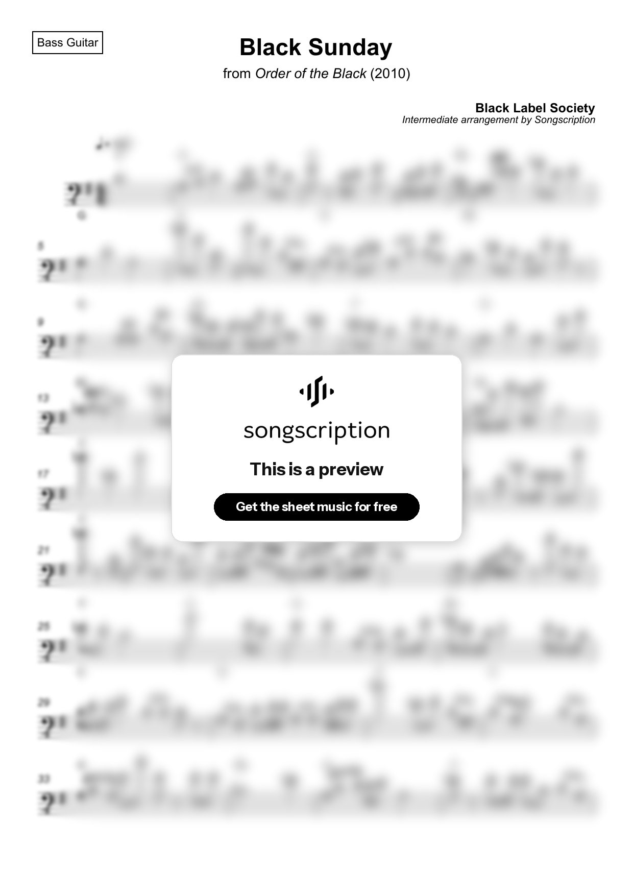 Intermediate Bass Guitar Sheet Music for "Black Sunday" by Black Label Society