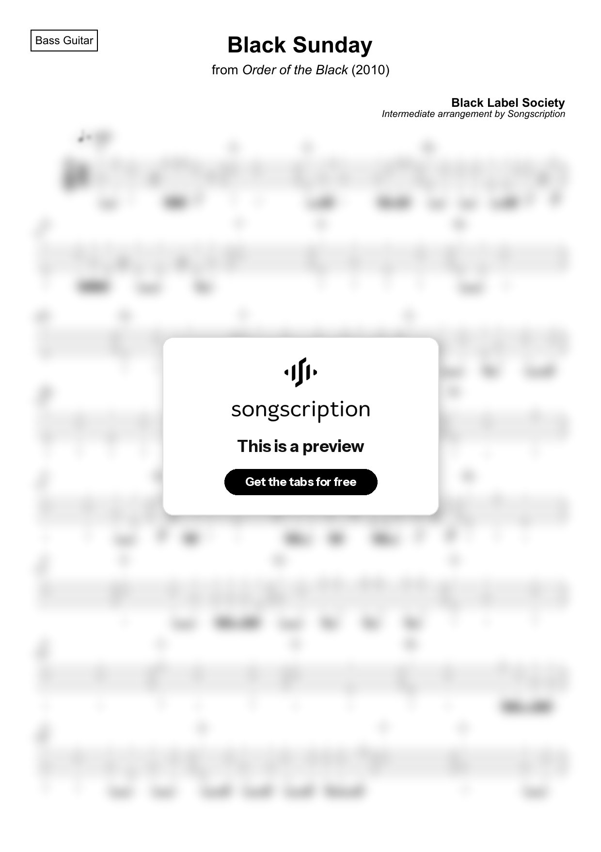 Intermediate Bass Guitar Tabs for "Black Sunday" by Black Label Society