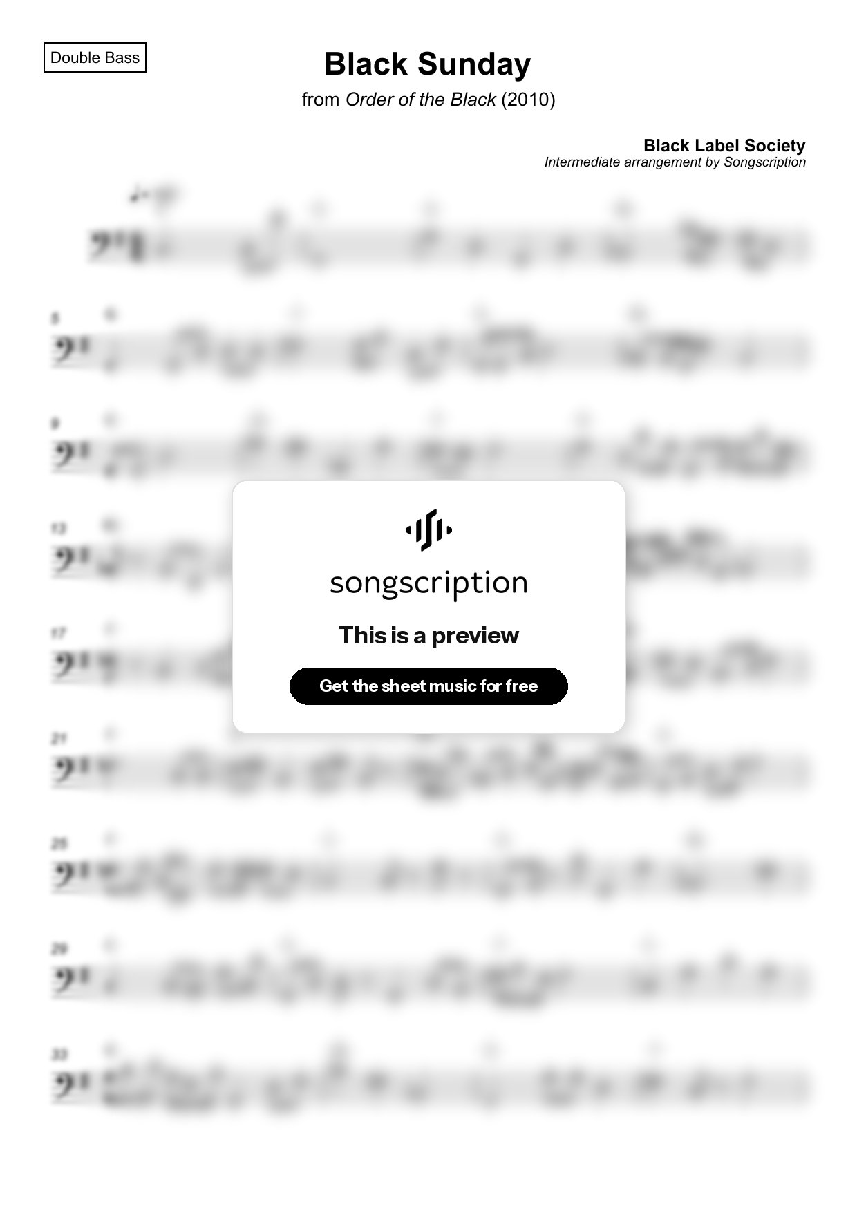 Intermediate Double Bass Sheet Music for "Black Sunday" by Black Label Society