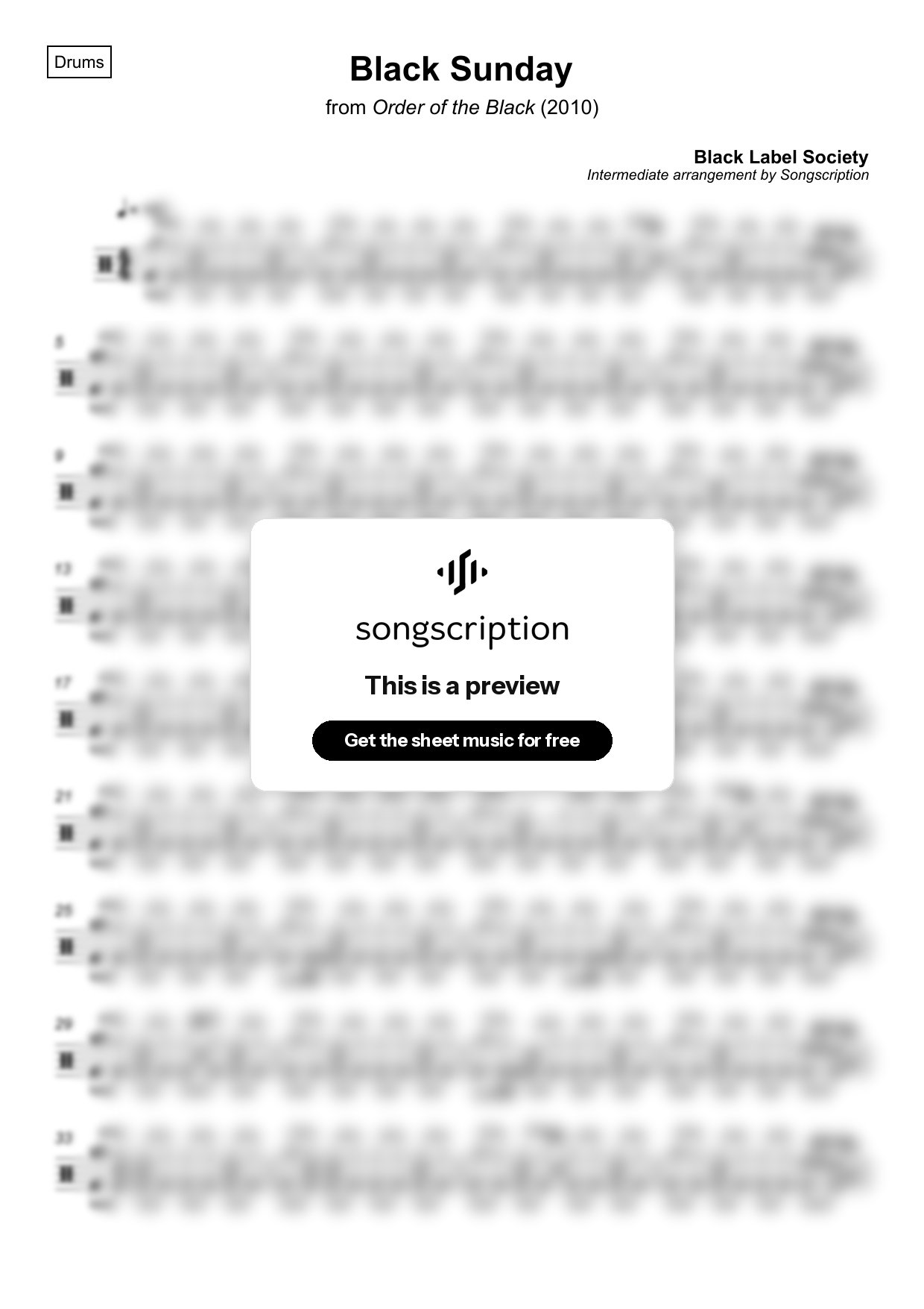 Intermediate Drums Sheet Music for "Black Sunday" by Black Label Society