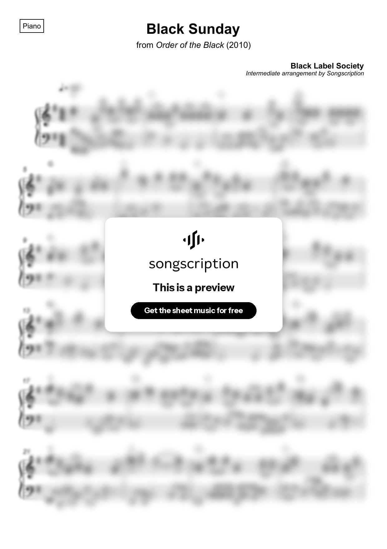 Intermediate Piano Sheet Music for "Black Sunday" by Black Label Society
