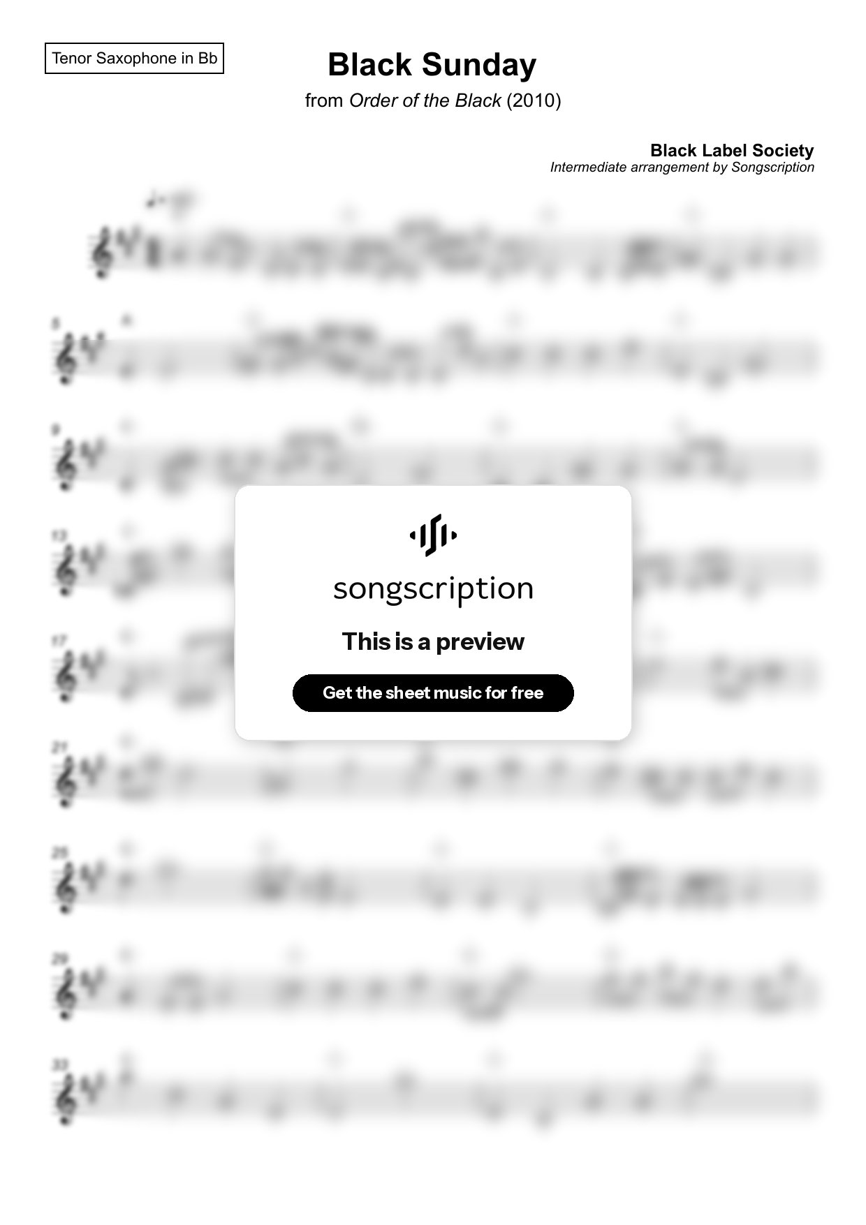 Intermediate Tenor Sax Sheet Music for "Black Sunday" by Black Label Society