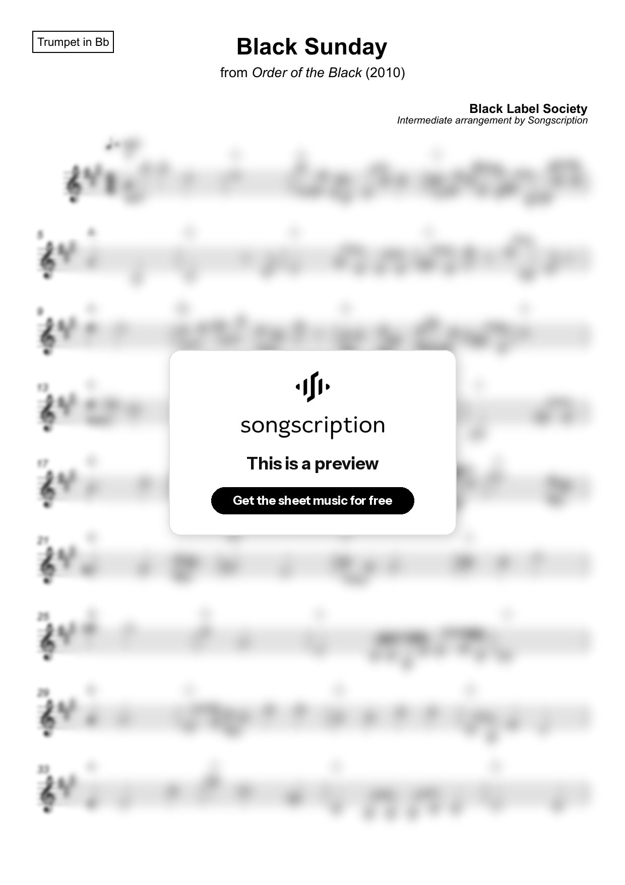 Intermediate Trumpet Sheet Music for "Black Sunday" by Black Label Society