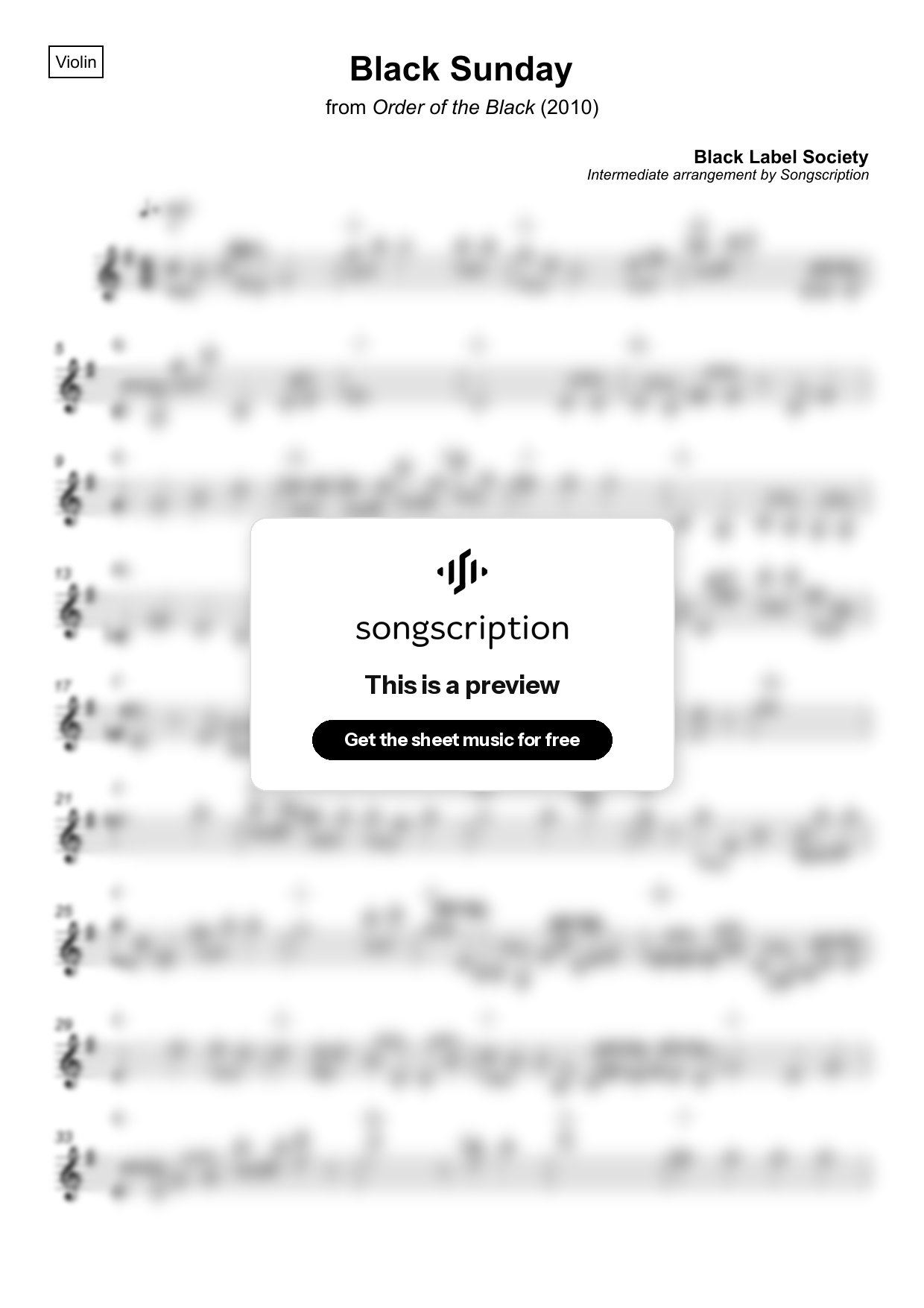 Intermediate Violin Sheet Music for "Black Sunday" by Black Label Society