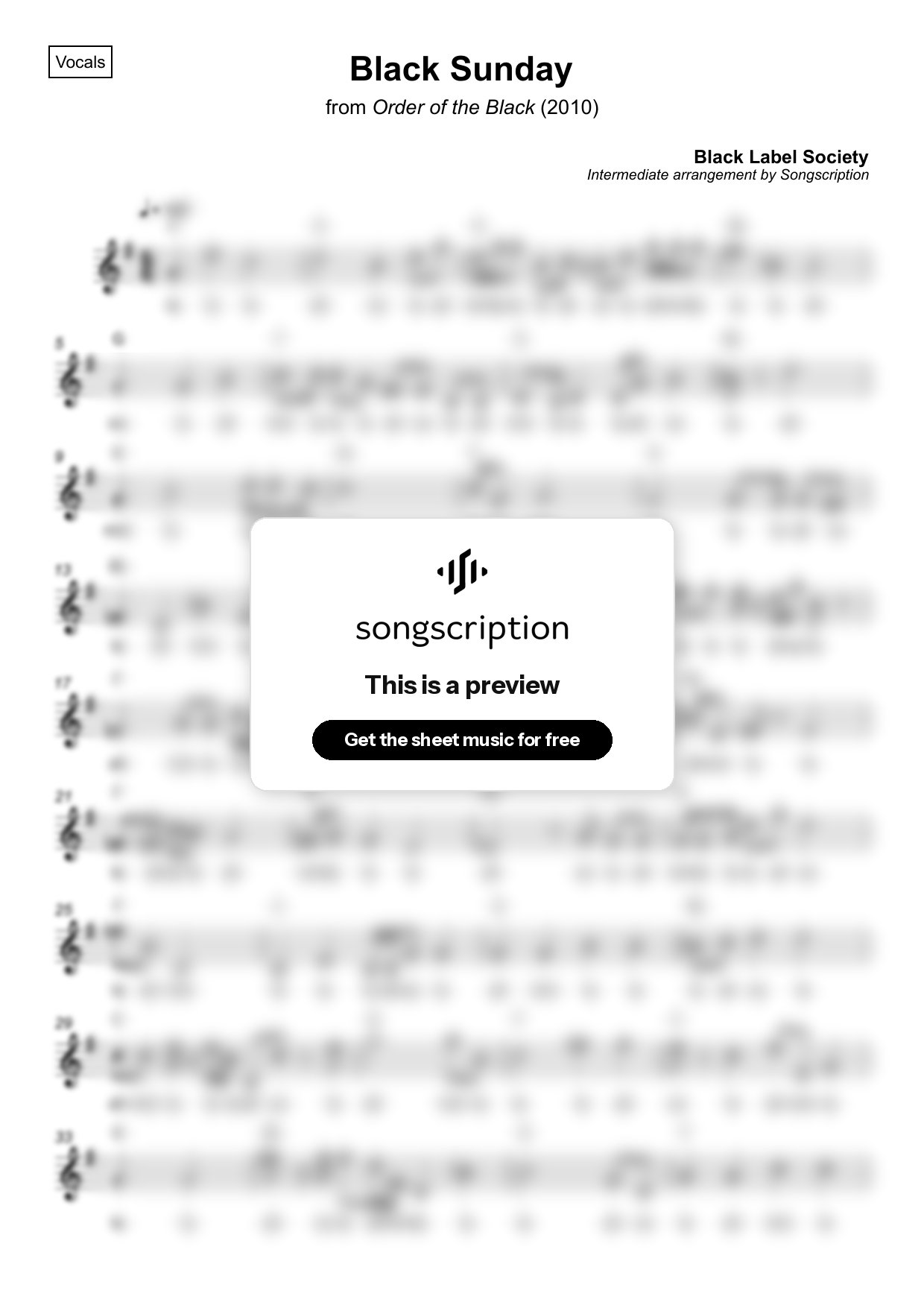Intermediate Vocals Sheet Music for "Black Sunday" by Black Label Society