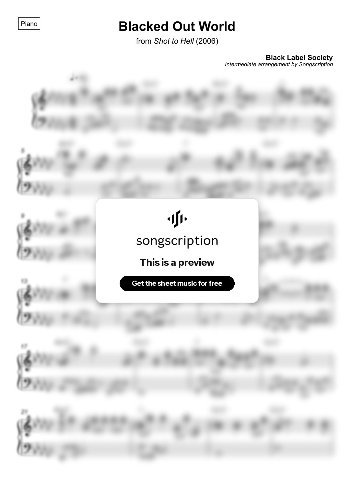 Intermediate Piano Sheet Music for "Blacked Out World" by Black Label Society
