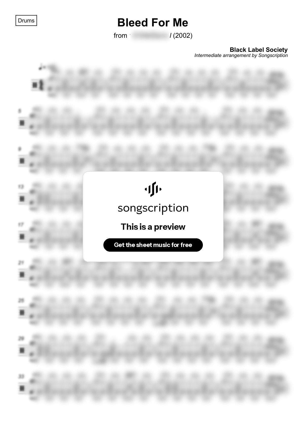 Intermediate Drums Sheet Music for "Bleed For Me" by Black Label Society
