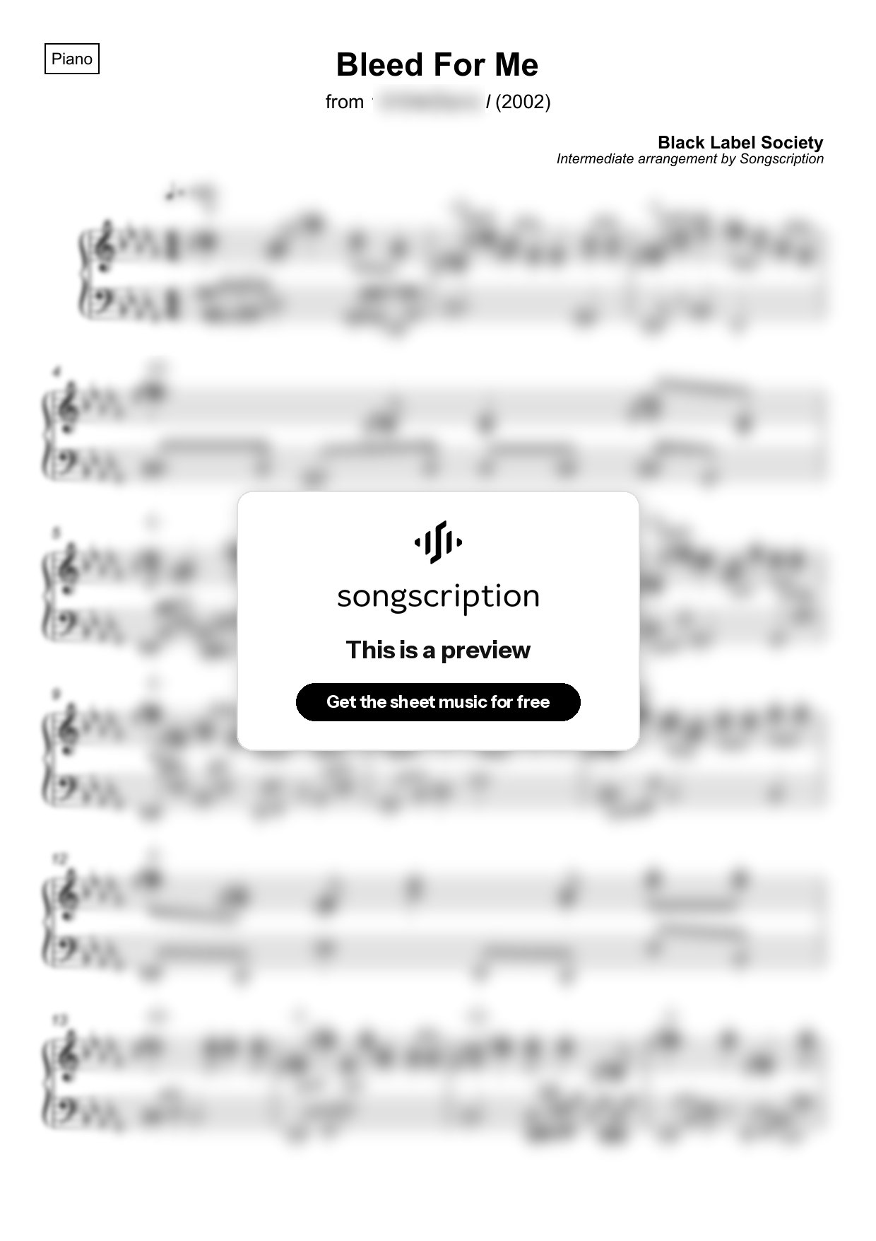 Intermediate Piano Sheet Music for "Bleed For Me" by Black Label Society