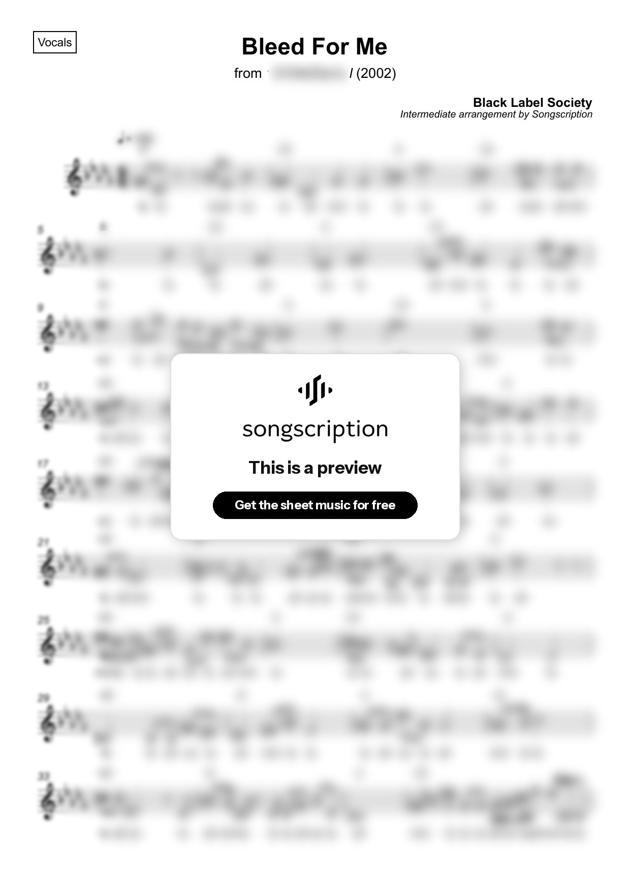 Intermediate Vocals Sheet Music for "Bleed For Me" by Black Label Society