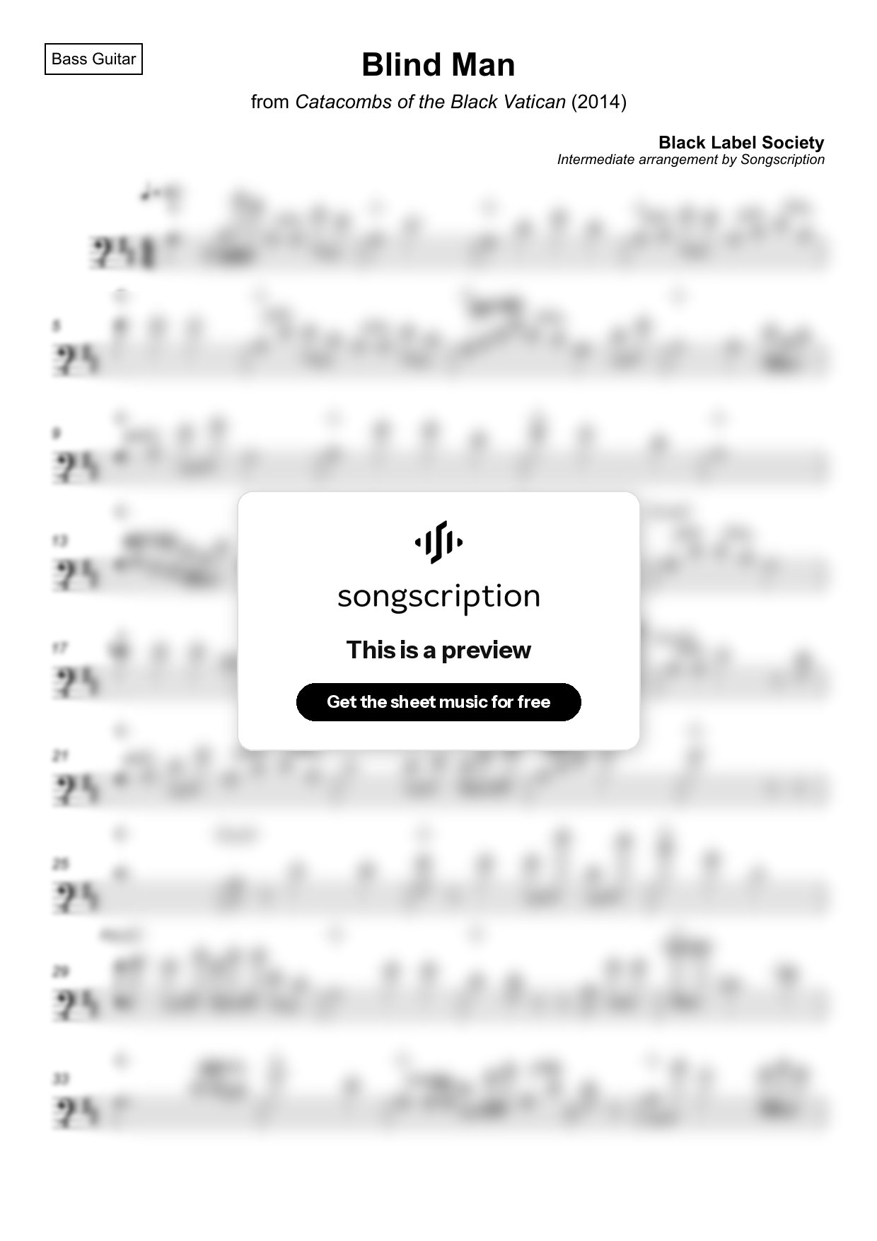 Intermediate Bass Guitar Sheet Music for "Blind Man" by Black Label Society