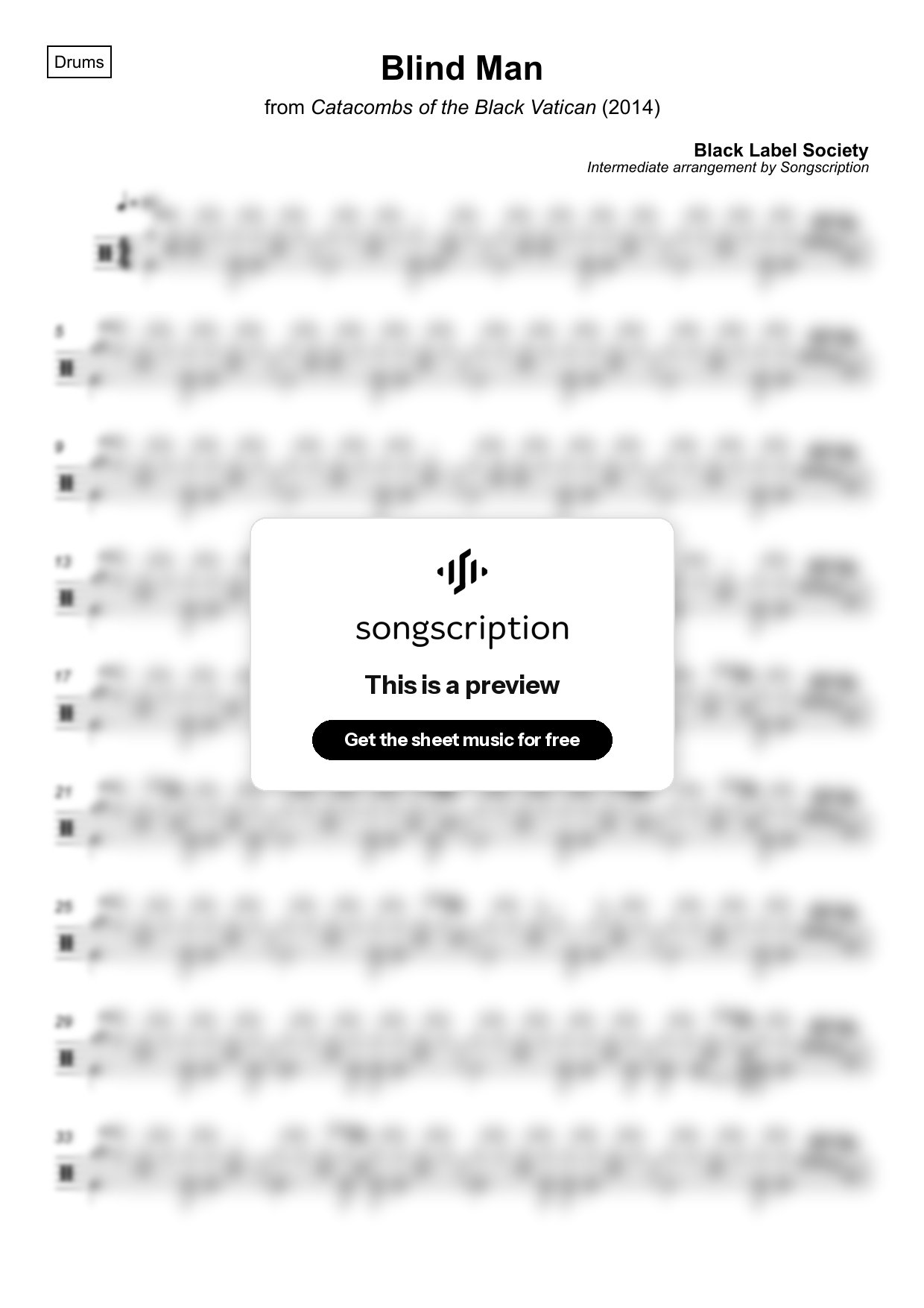 Intermediate Drums Sheet Music for "Blind Man" by Black Label Society