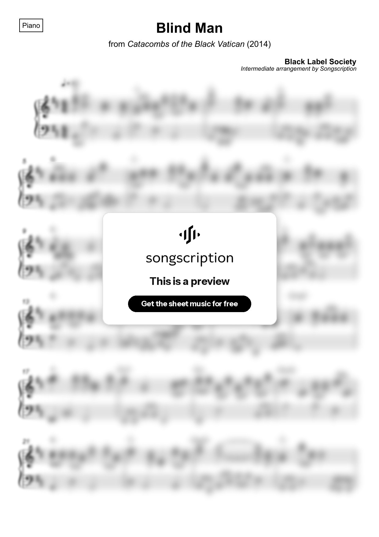 Intermediate Piano Sheet Music for "Blind Man" by Black Label Society