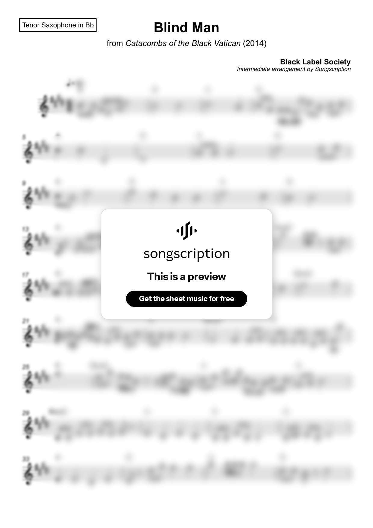 Intermediate Tenor Sax Sheet Music for "Blind Man" by Black Label Society