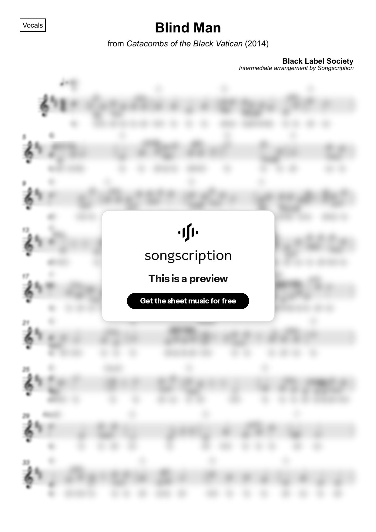Intermediate Vocals Sheet Music for "Blind Man" by Black Label Society
