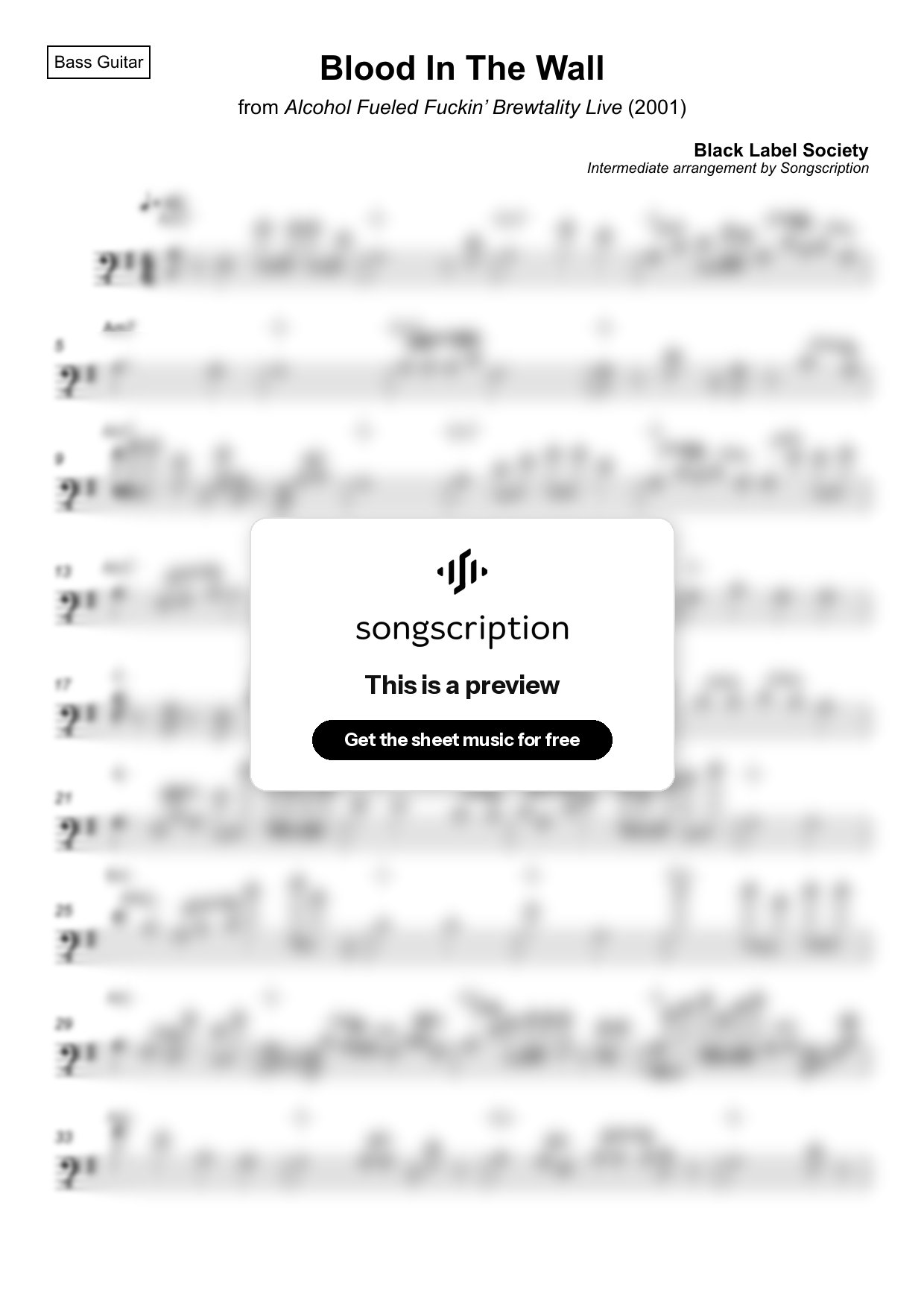 Intermediate Bass Guitar Sheet Music for "Blood In The Wall" by Black Label Society