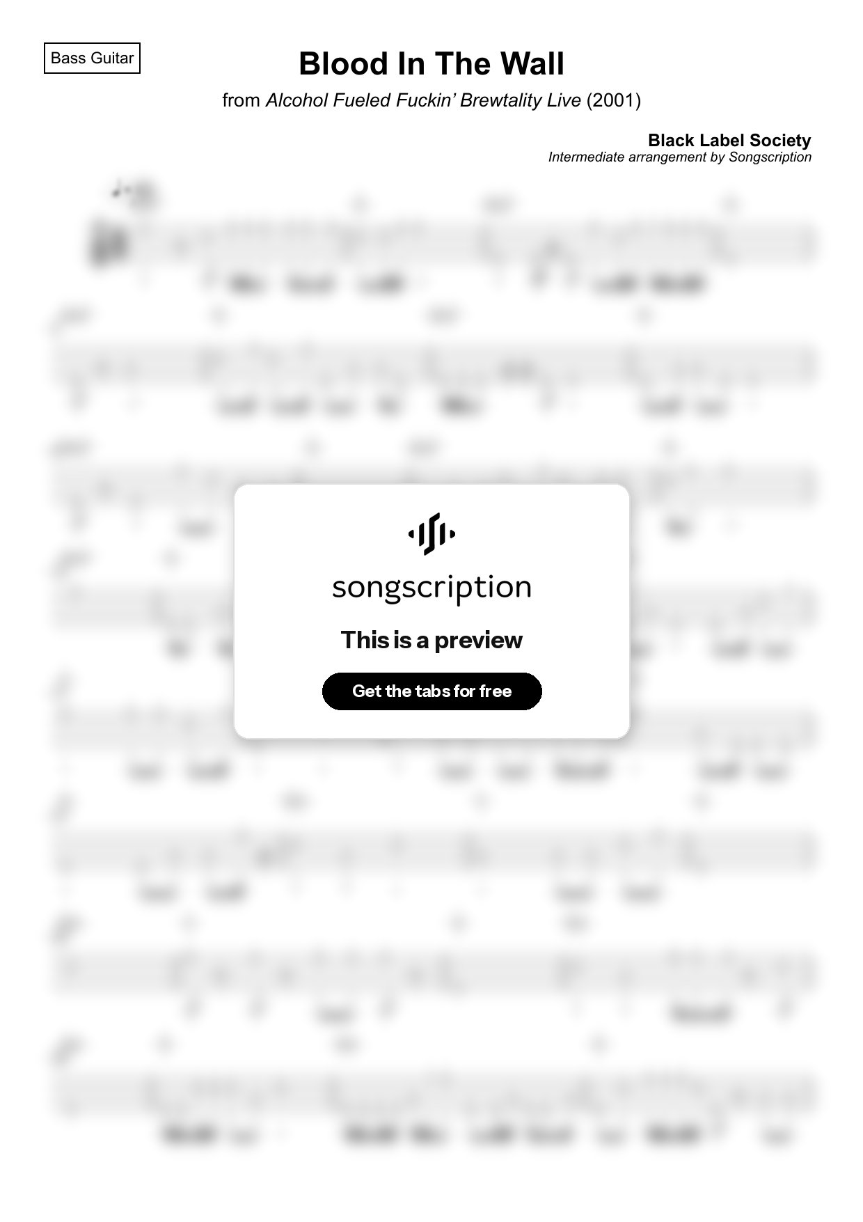 Intermediate Bass Guitar Tabs for "Blood In The Wall" by Black Label Society