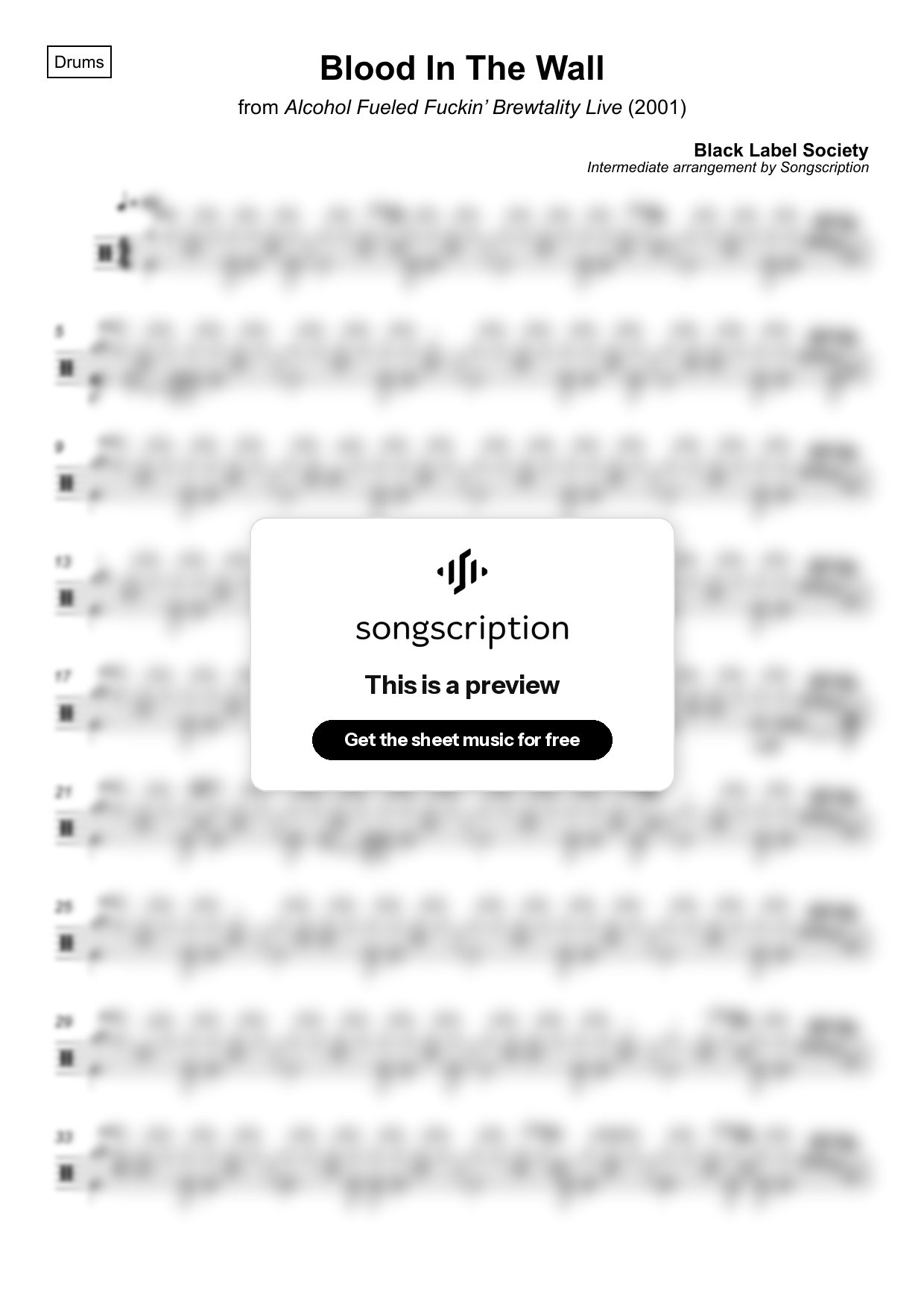 Intermediate Drums Sheet Music for "Blood In The Wall" by Black Label Society