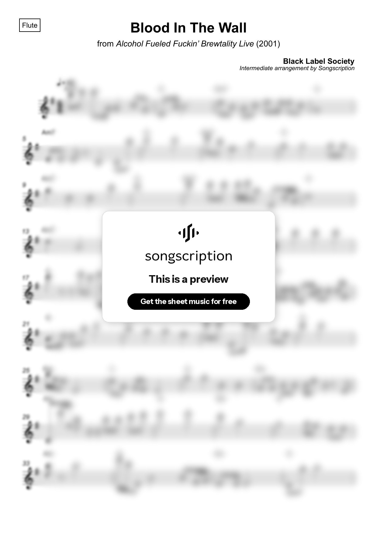 Intermediate Flute Sheet Music for "Blood In The Wall" by Black Label Society