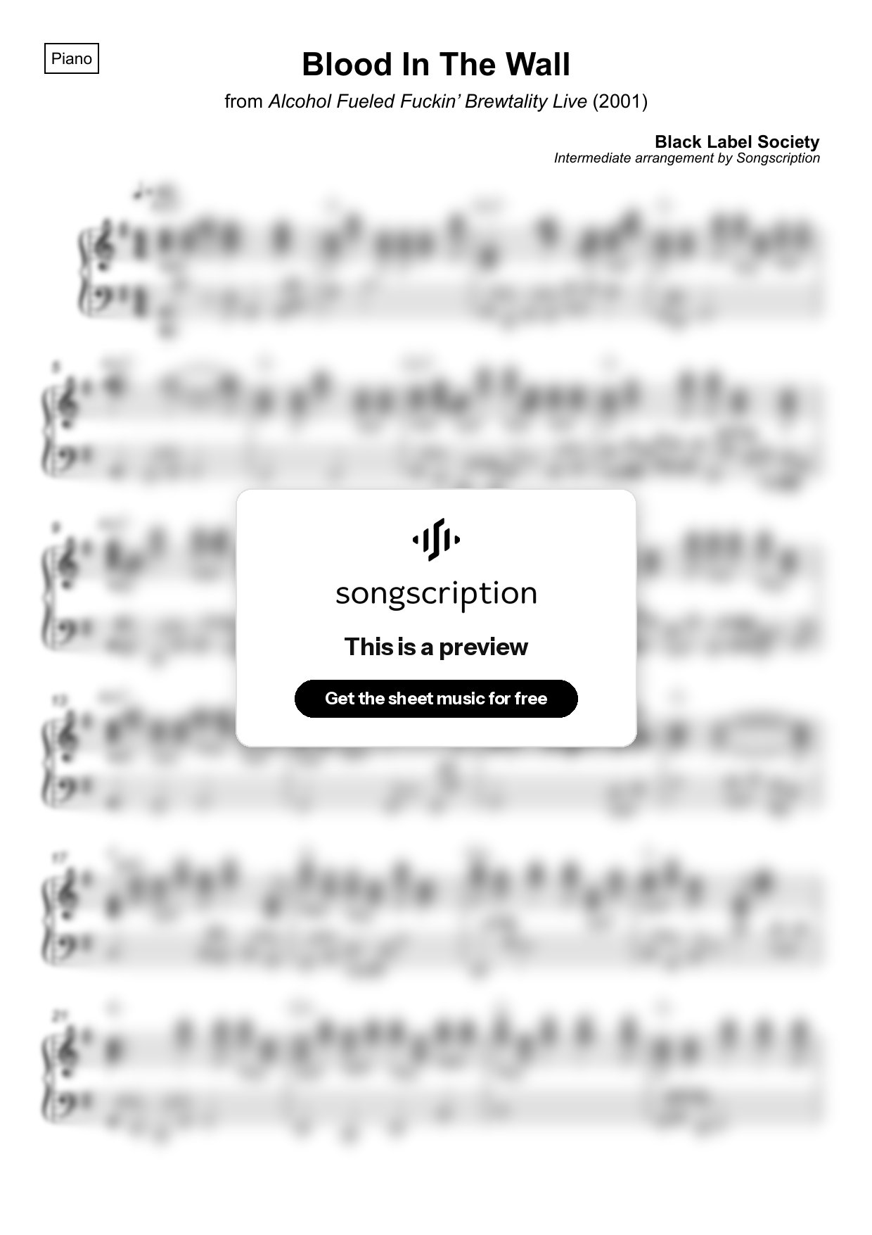 Intermediate Piano Sheet Music for "Blood In The Wall" by Black Label Society