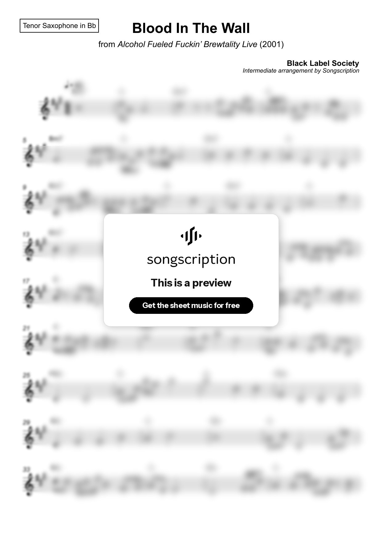 Intermediate Tenor Sax Sheet Music for "Blood In The Wall" by Black Label Society