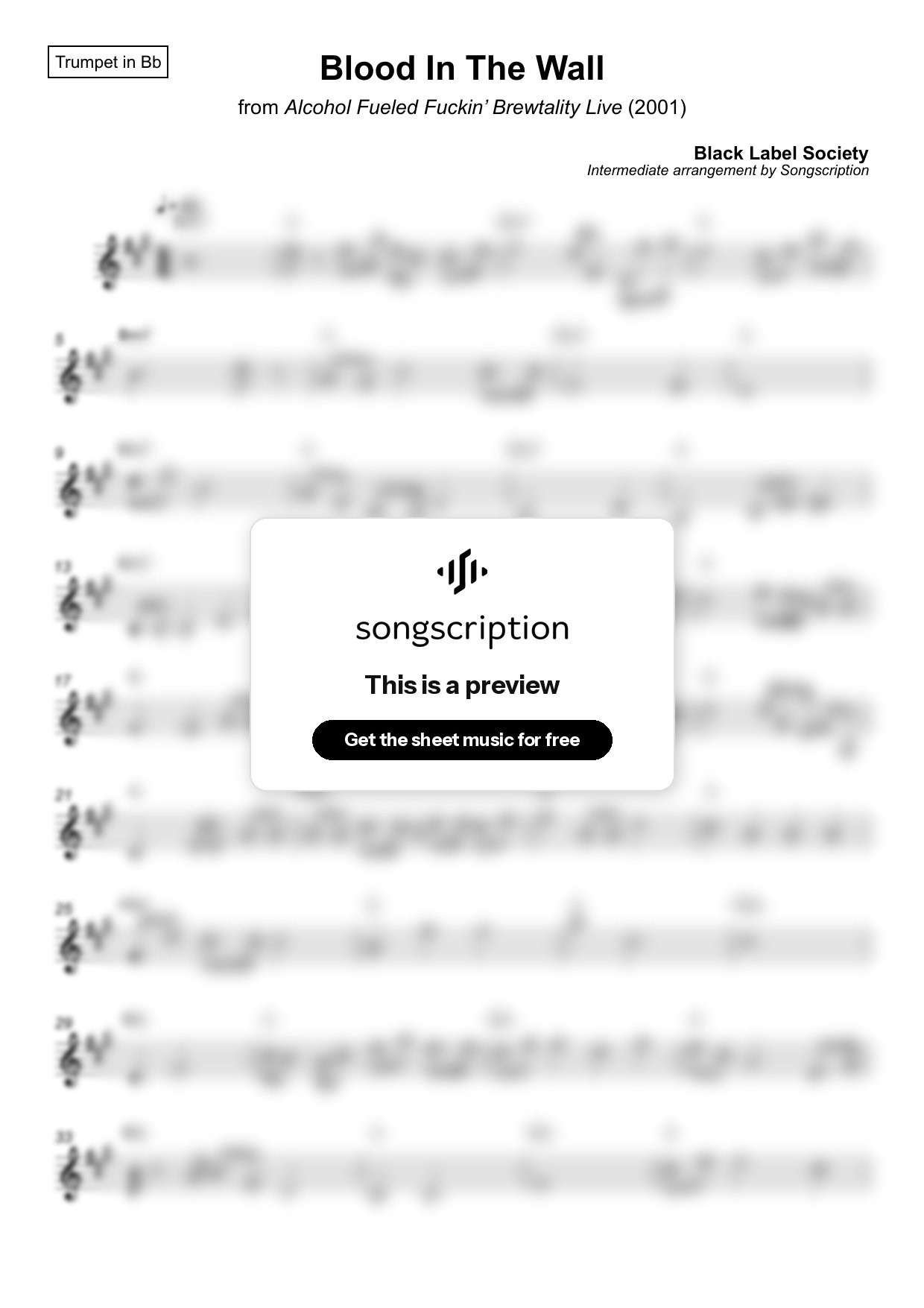 Intermediate Trumpet Sheet Music for "Blood In The Wall" by Black Label Society