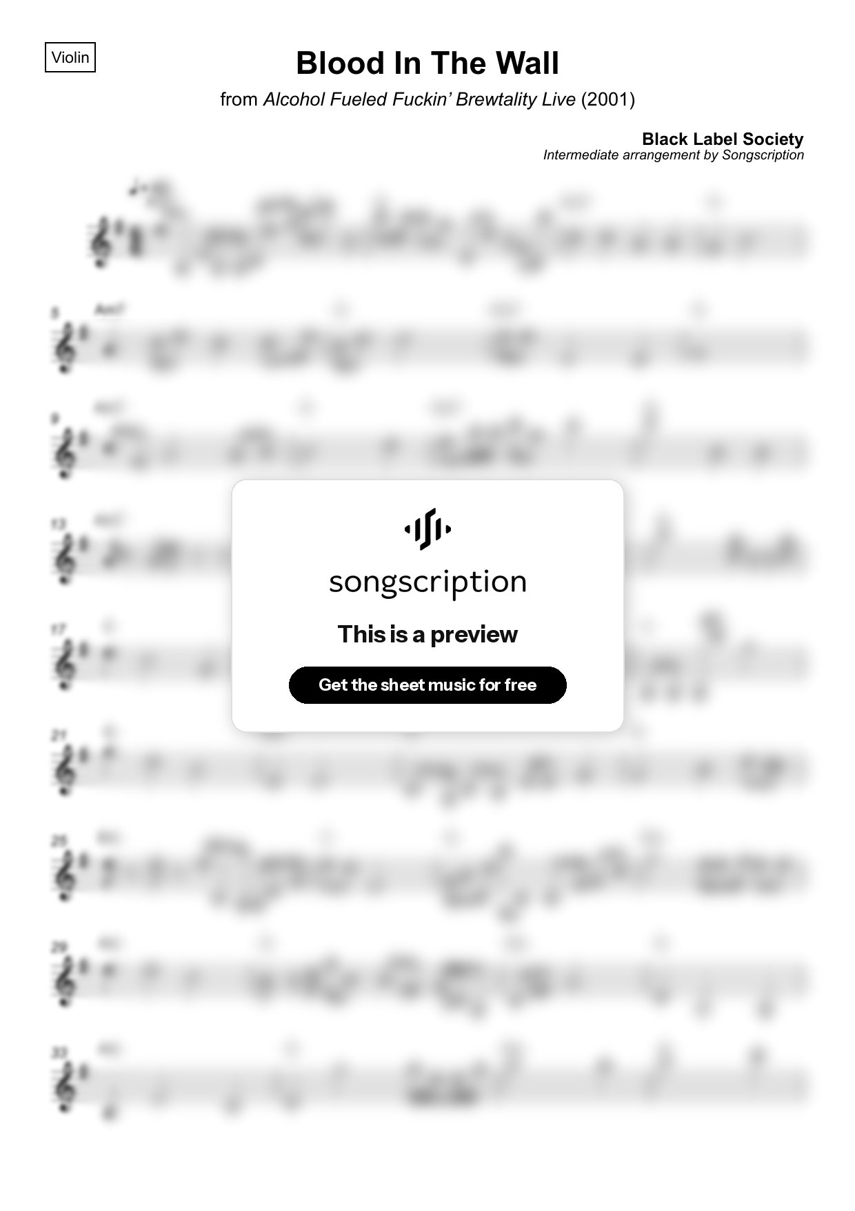 Intermediate Violin Sheet Music for "Blood In The Wall" by Black Label Society