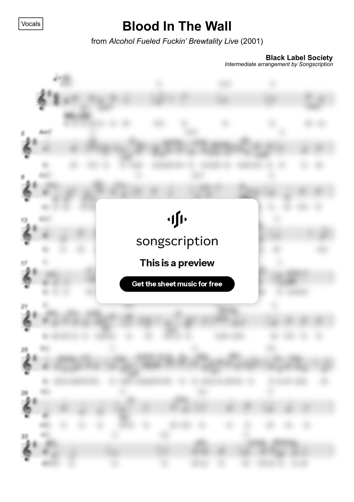 Intermediate Vocals Sheet Music for "Blood In The Wall" by Black Label Society