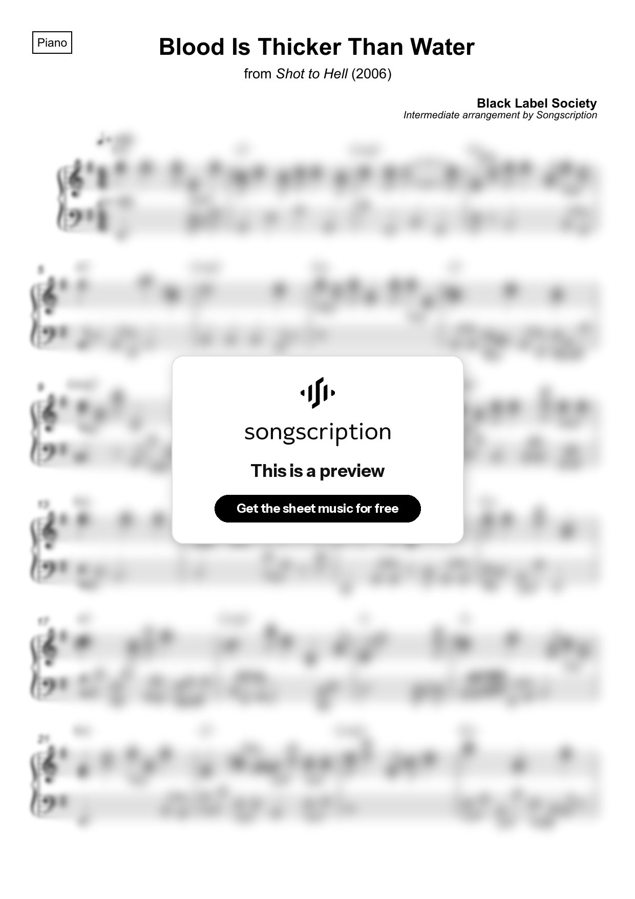 Intermediate Piano Sheet Music for "Blood Is Thicker Than Water" by Black Label Society