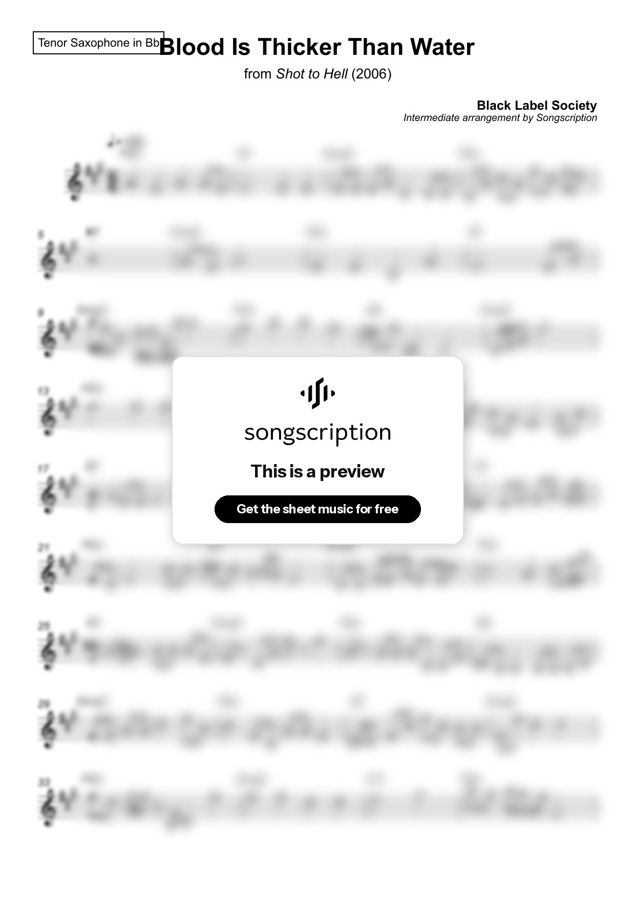 Intermediate Tenor Sax Sheet Music for "Blood Is Thicker Than Water" by Black Label Society