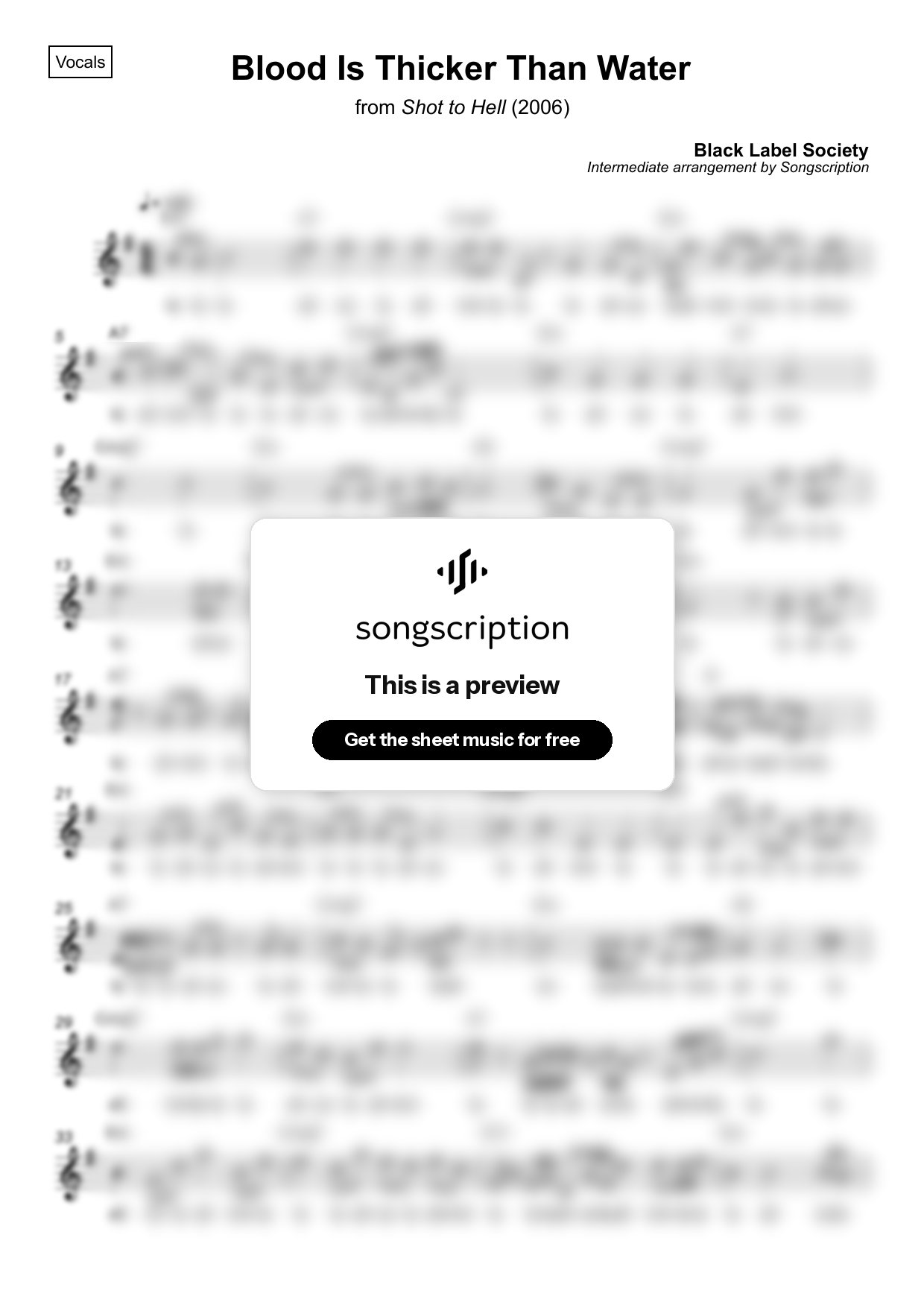 Intermediate Vocals Sheet Music for "Blood Is Thicker Than Water" by Black Label Society