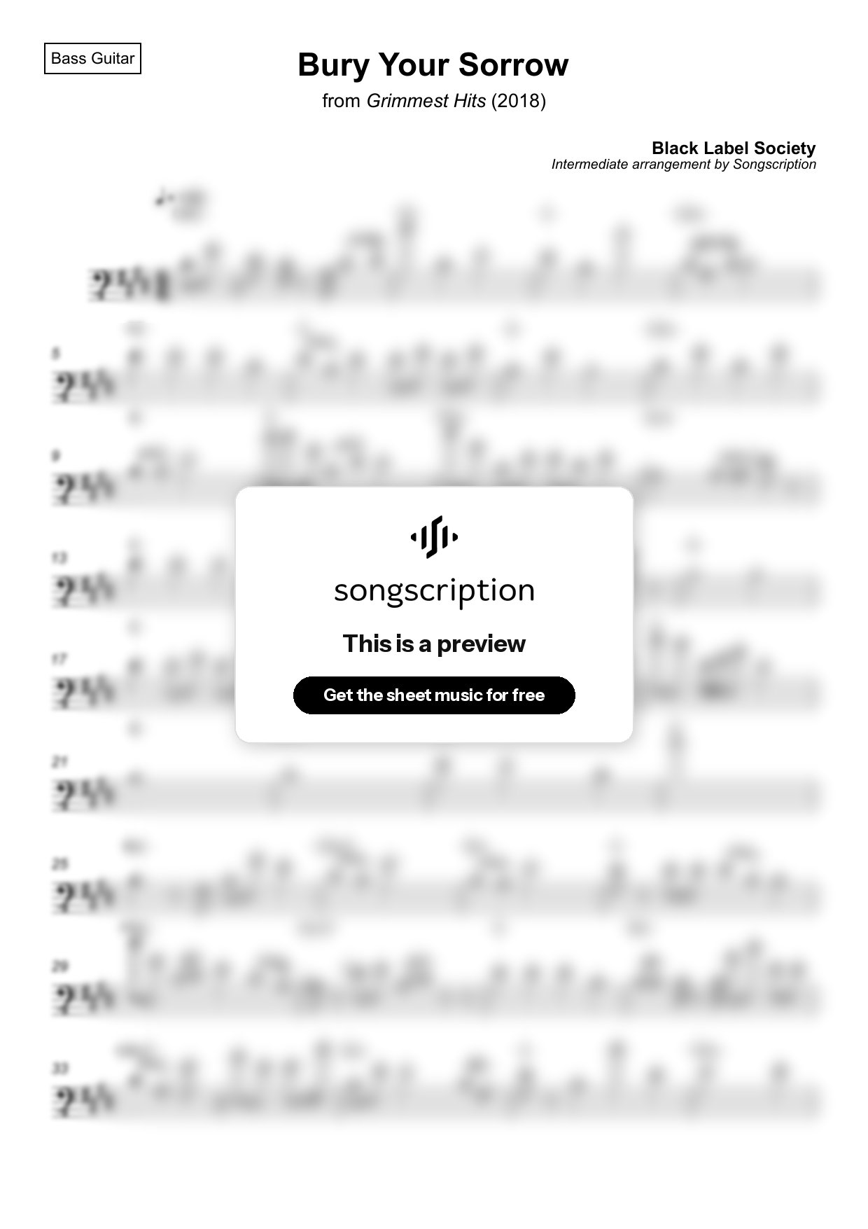 Intermediate Bass Guitar Sheet Music for "Bury Your Sorrow" by Black Label Society