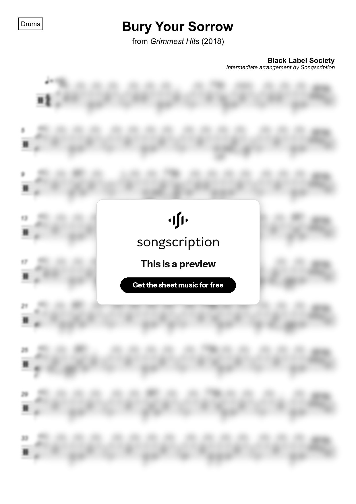 Intermediate Drums Sheet Music for "Bury Your Sorrow" by Black Label Society