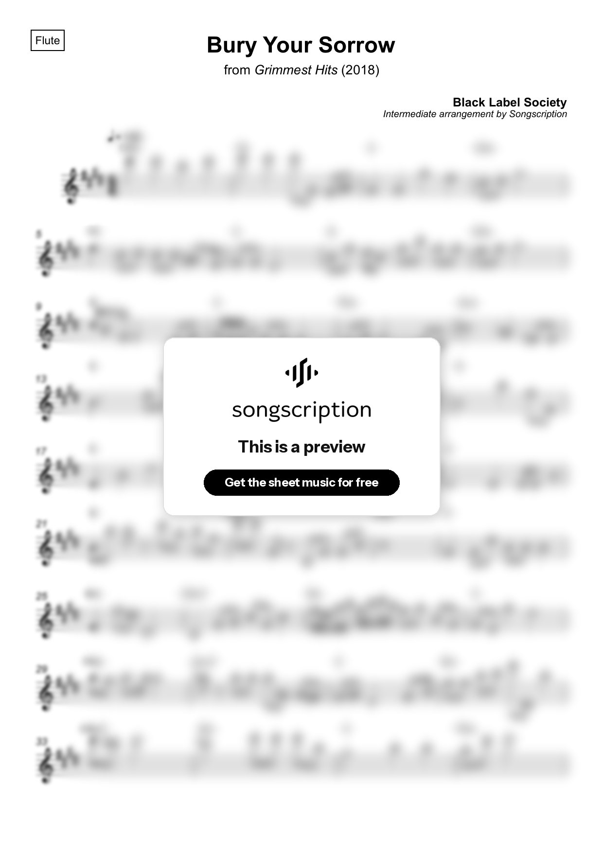 Intermediate Flute Sheet Music for "Bury Your Sorrow" by Black Label Society