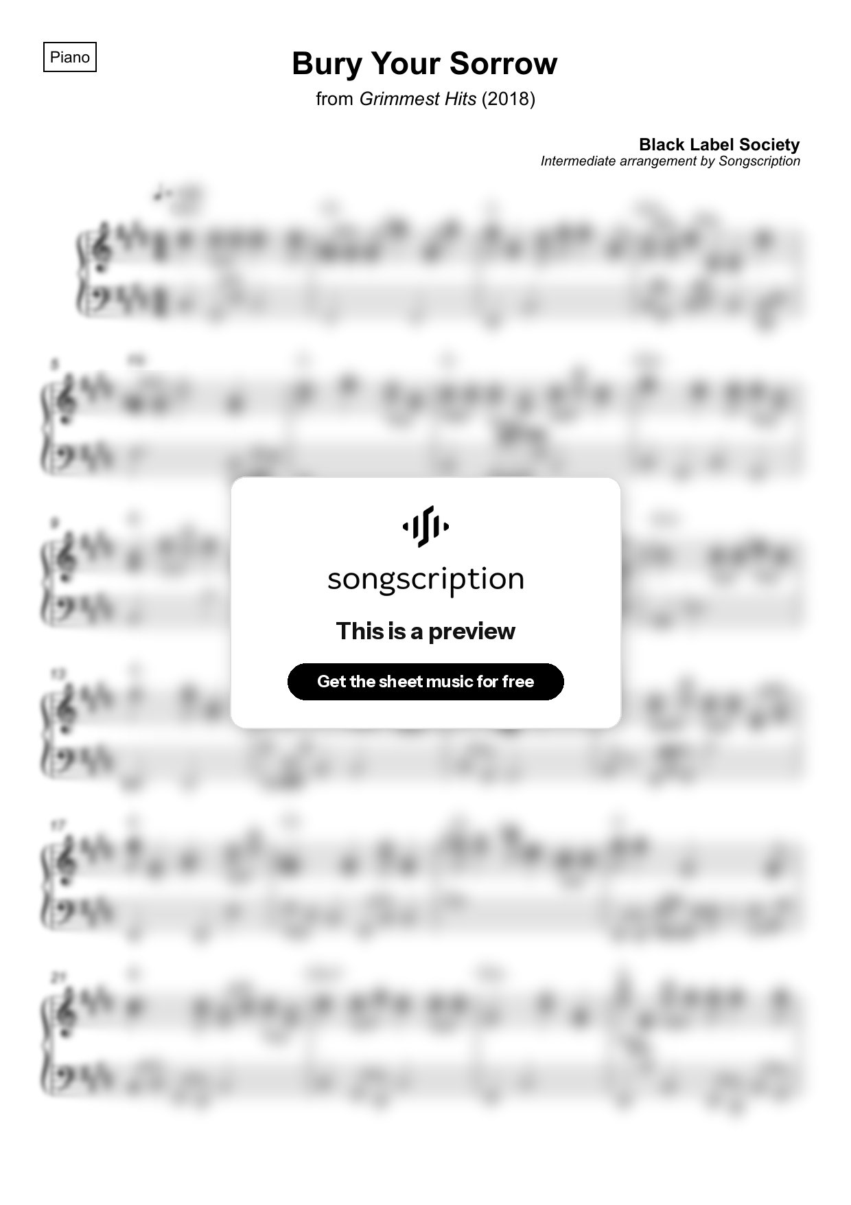 Intermediate Piano Sheet Music for "Bury Your Sorrow" by Black Label Society