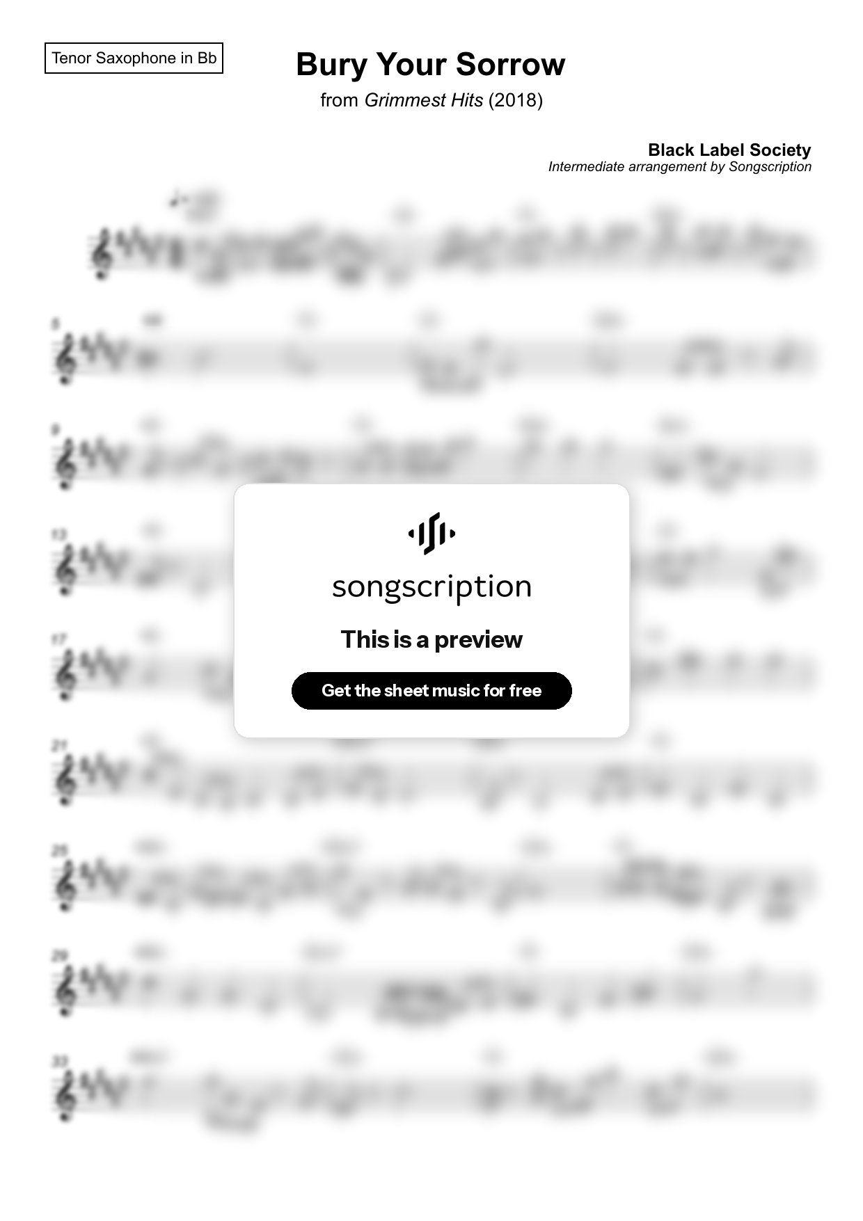 Intermediate Tenor Sax Sheet Music for "Bury Your Sorrow" by Black Label Society
