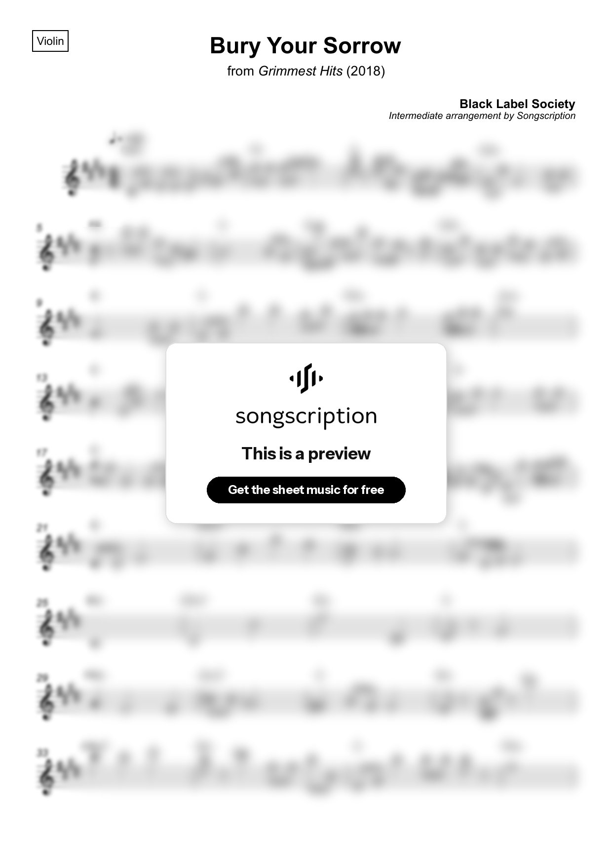 Intermediate Violin Sheet Music for "Bury Your Sorrow" by Black Label Society