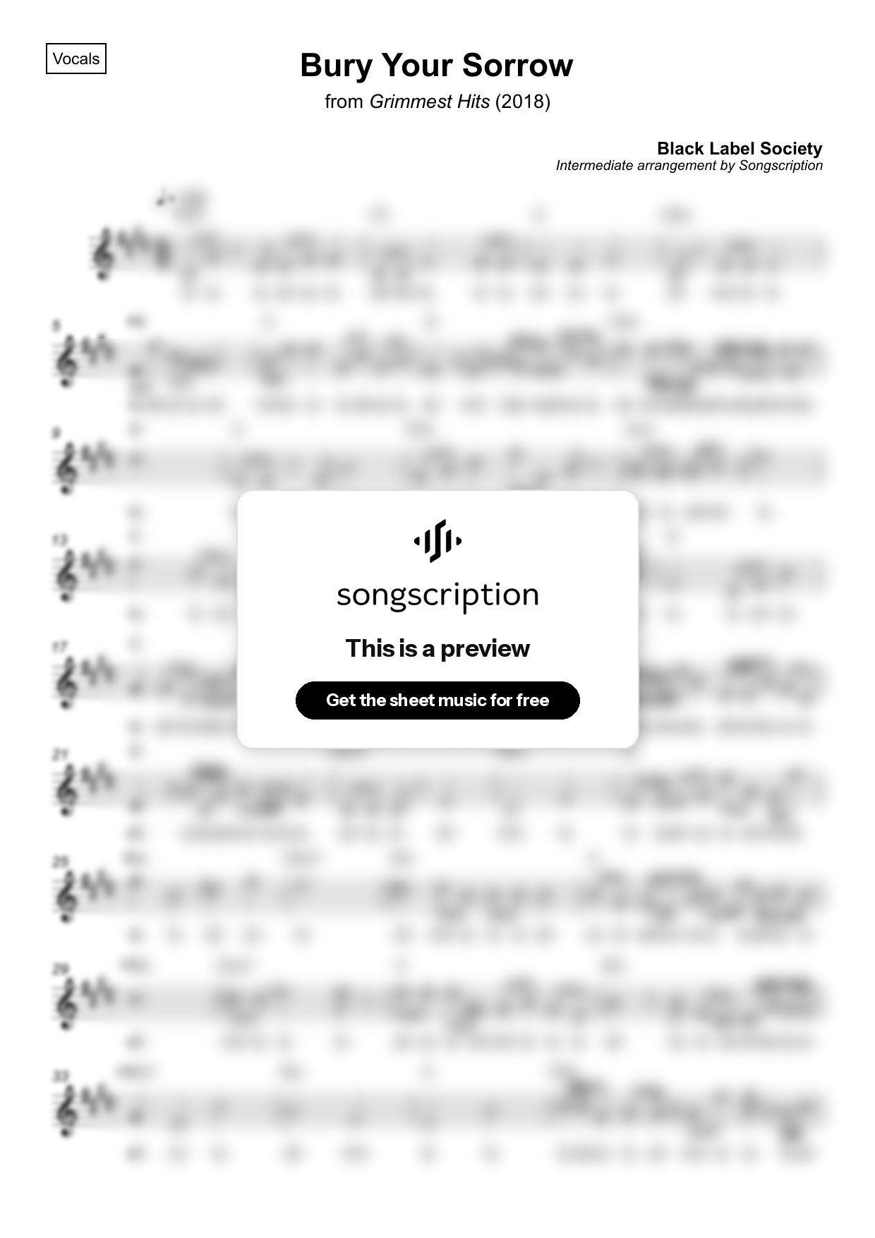 Intermediate Vocals Sheet Music for "Bury Your Sorrow" by Black Label Society