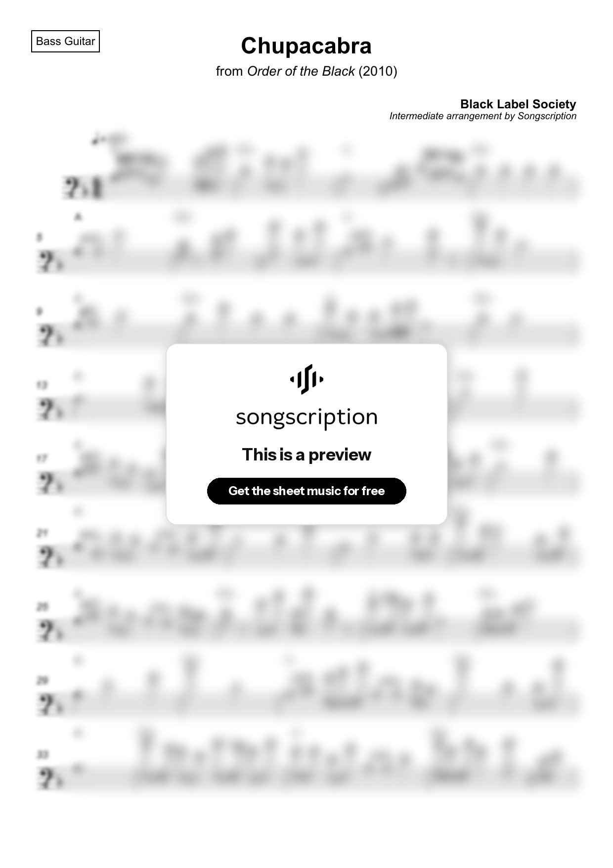Intermediate Bass Guitar Sheet Music for "Chupacabra" by Black Label Society