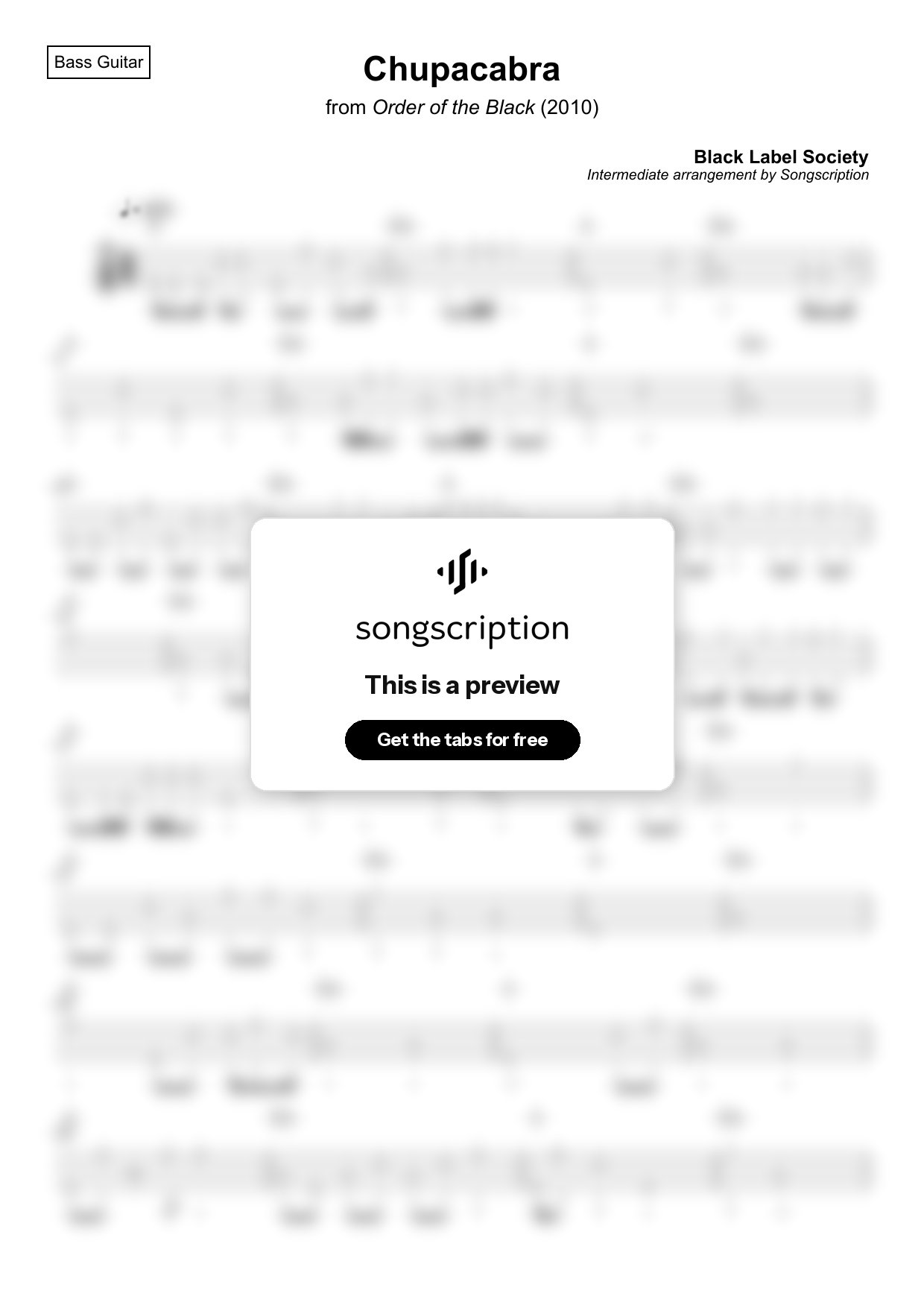 Intermediate Bass Guitar Tabs for "Chupacabra" by Black Label Society
