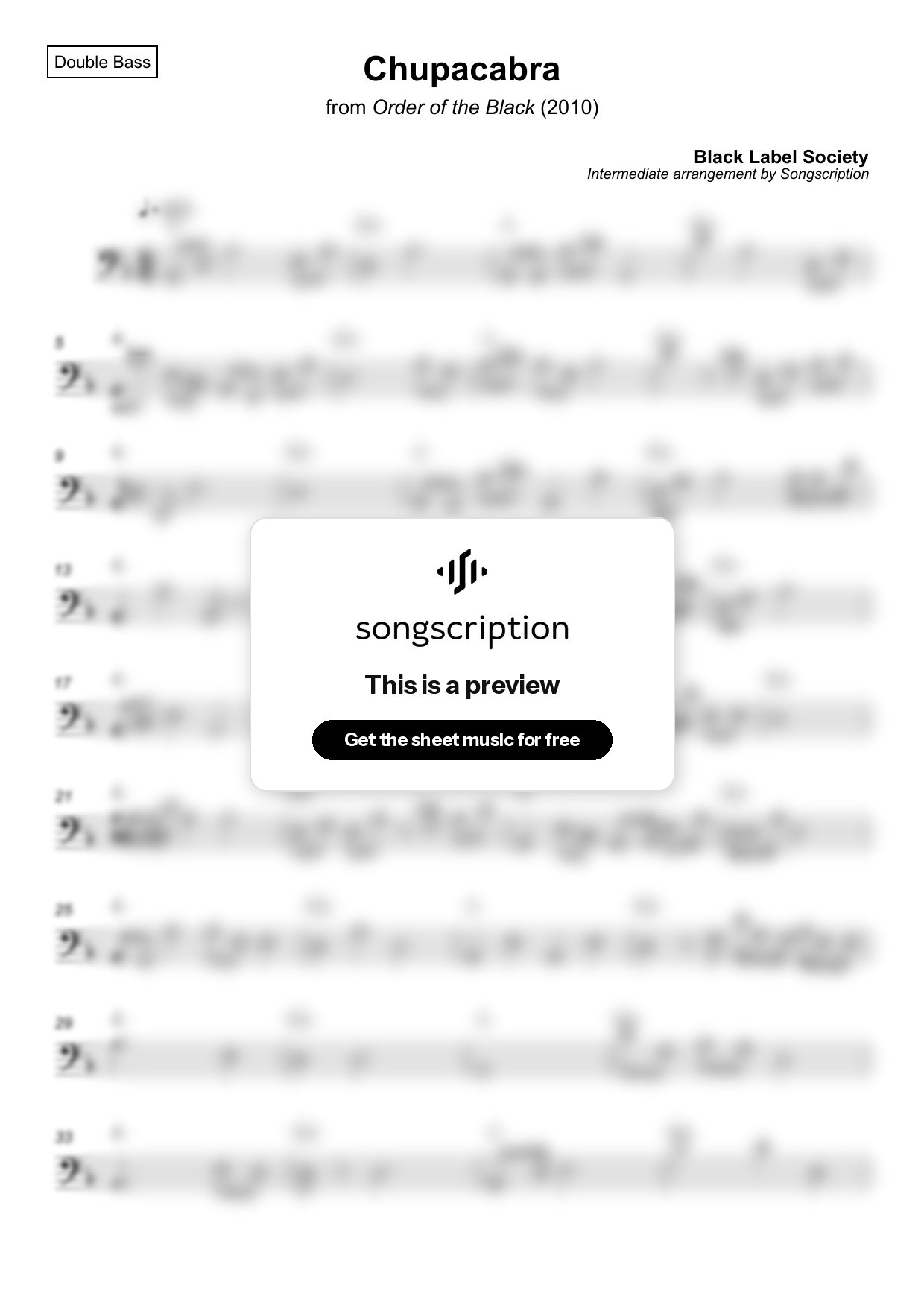 Intermediate Double Bass Sheet Music for "Chupacabra" by Black Label Society